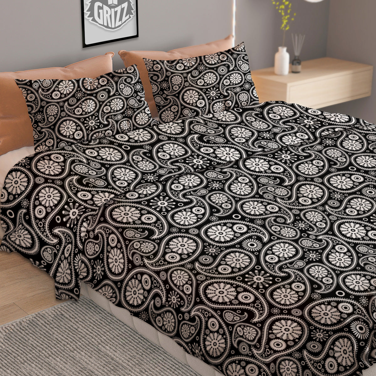 Paisley Ornament Black White And Flora Print Pattern Duvet Cover Bedding Set