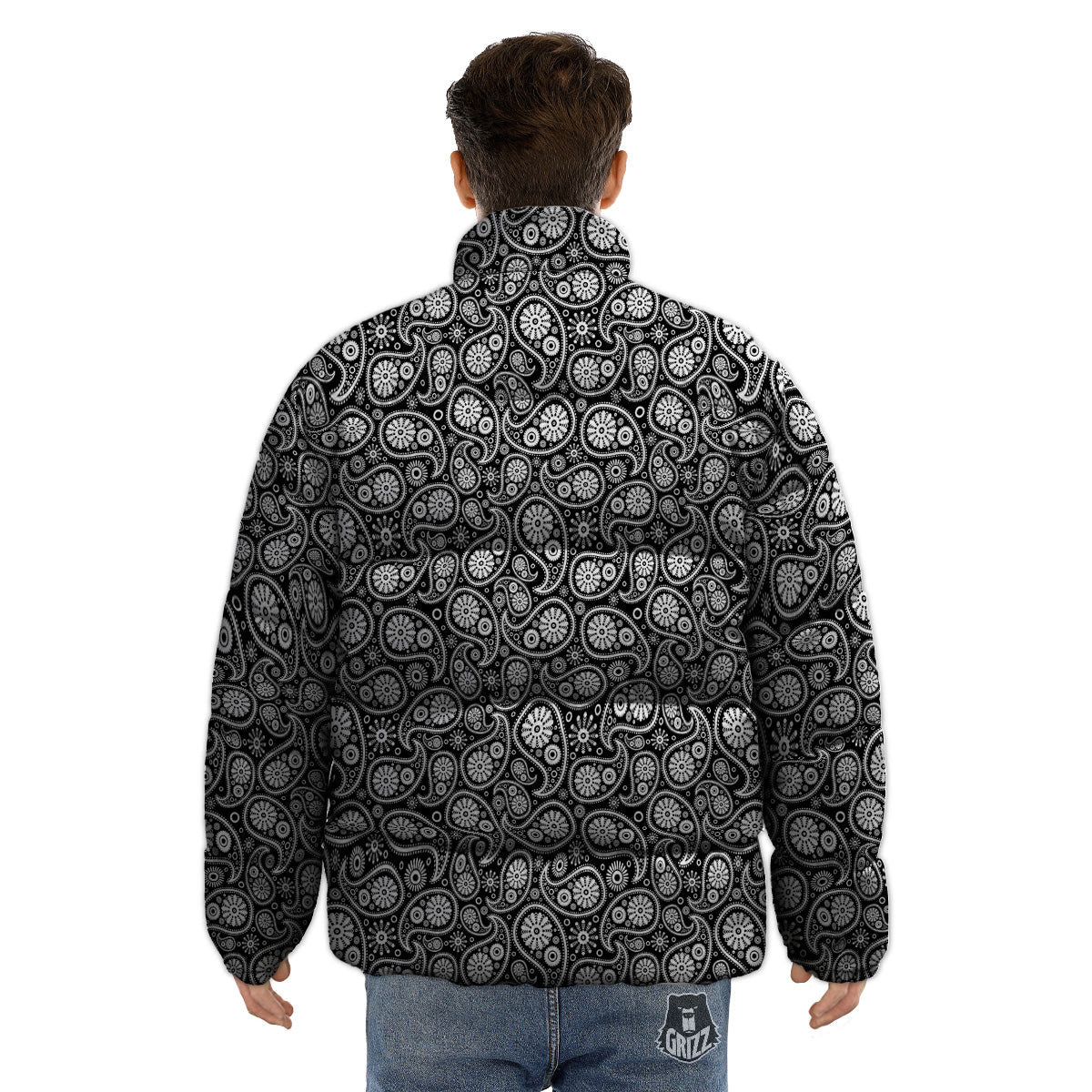 Paisley Ornament Black White And Flora Print Pattern Puffer Jacket-grizzshop