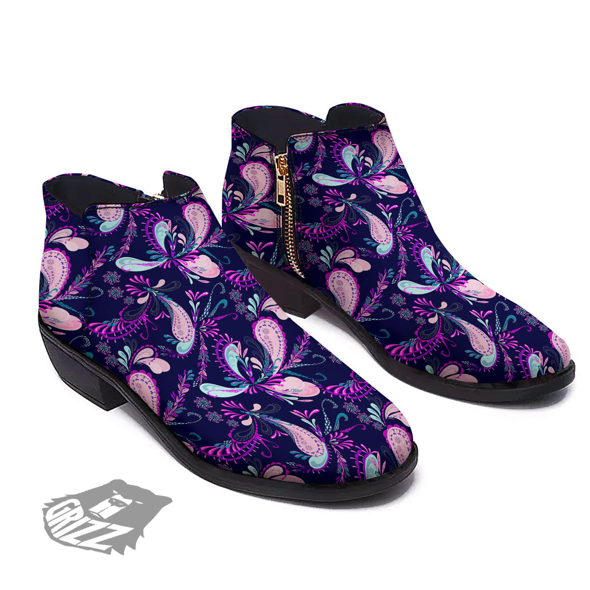 Paisley Pink And Purple Print Pattern Ankle Boots-grizzshop