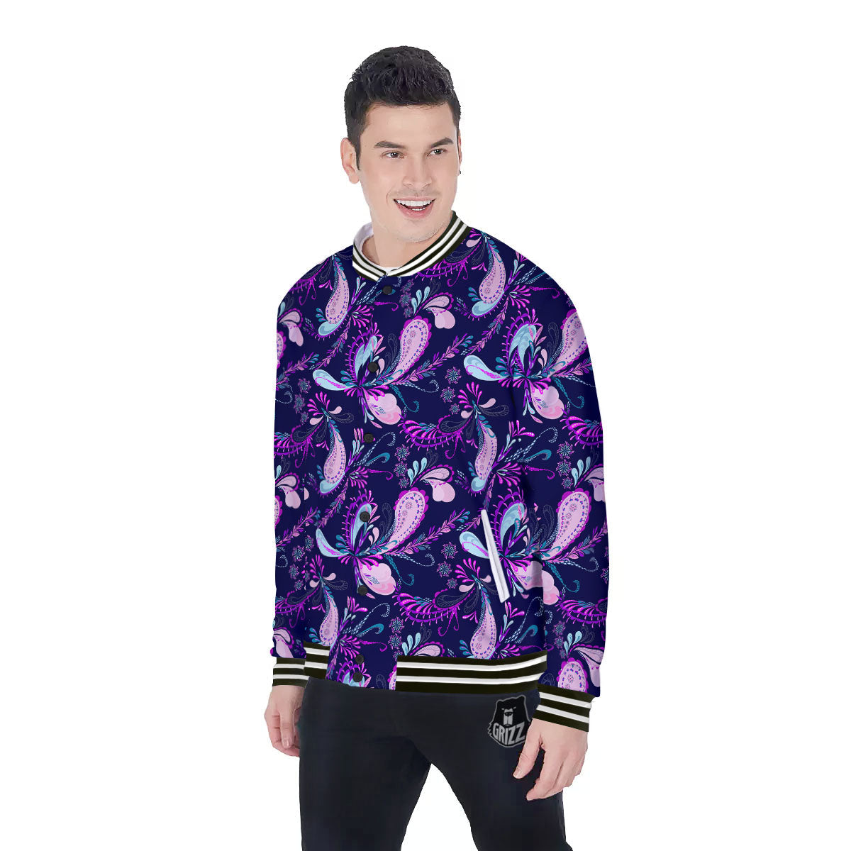 Paisley Pink And Purple Print Pattern Baseball Jacket-grizzshop