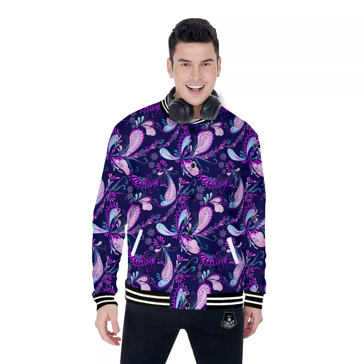 Paisley Pink And Purple Print Pattern Baseball Jacket-grizzshop