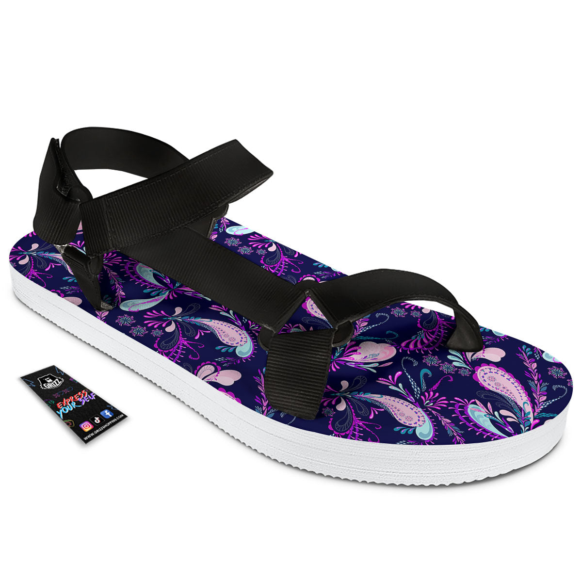 Paisley Pink And Purple Print Pattern Black Open Toe Sandals-grizzshop