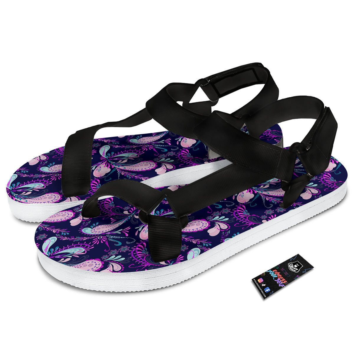 Paisley Pink And Purple Print Pattern Black Open Toe Sandals-grizzshop