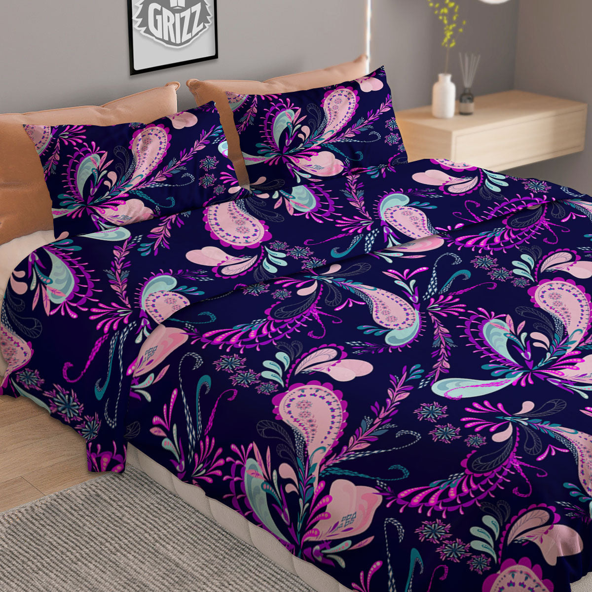 Paisley Red And Grey Print Pattern Duvet Cover Bedding Set