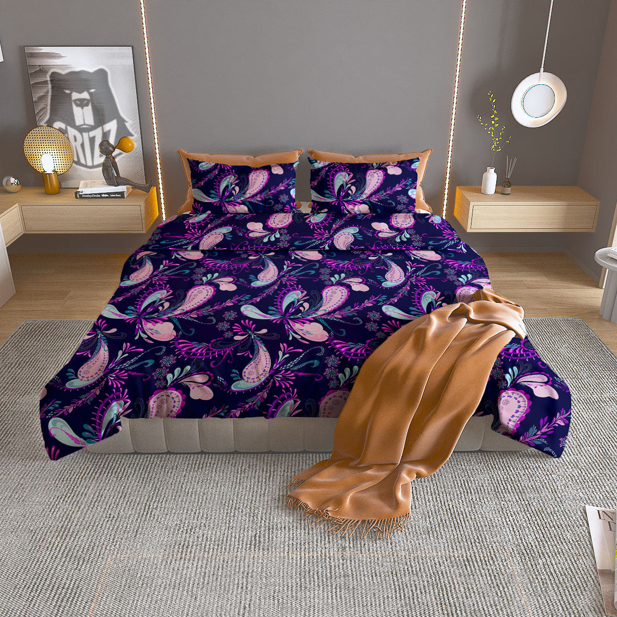 Paisley Red And Grey Print Pattern Duvet Cover Bedding Set