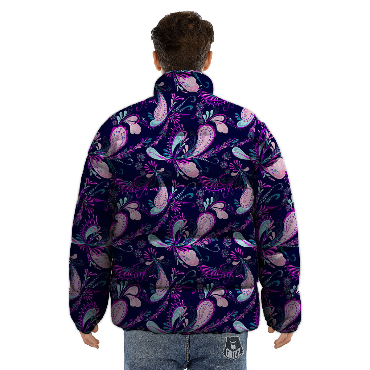 Paisley Pink And Purple Print Pattern Puffer Jacket-grizzshop