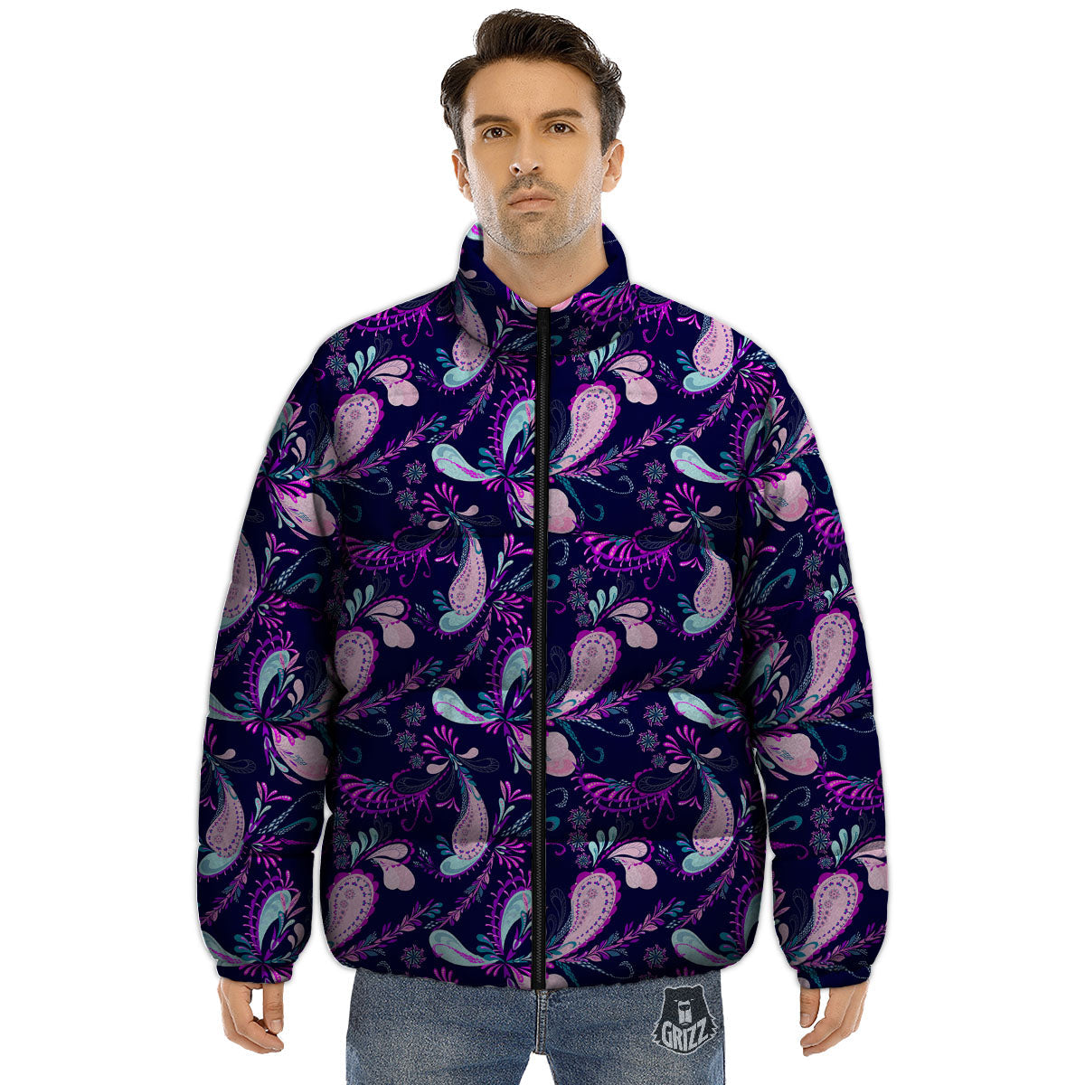 Paisley Pink And Purple Print Pattern Puffer Jacket-grizzshop