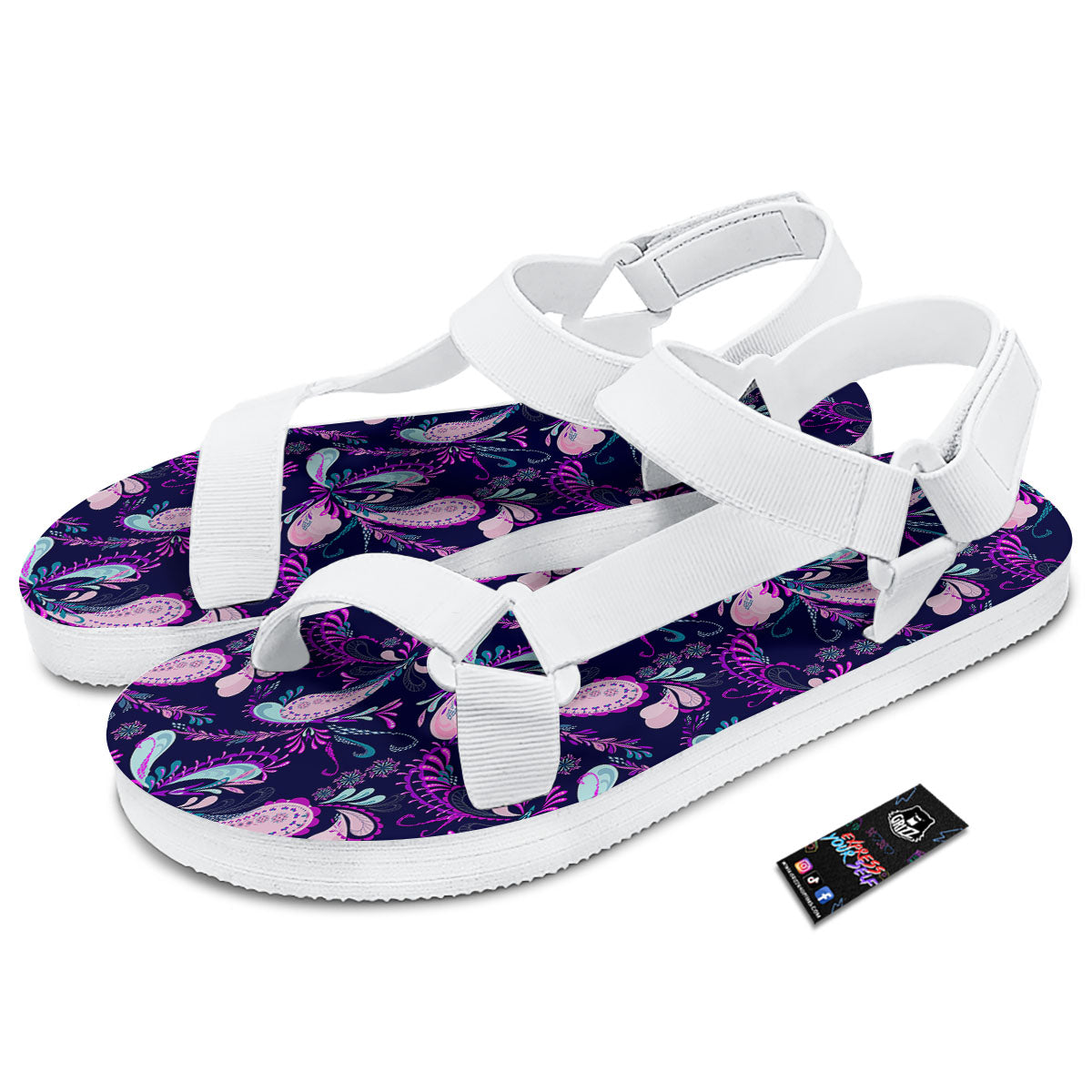 Paisley Pink And Purple Print Pattern White Open Toe Sandals-grizzshop