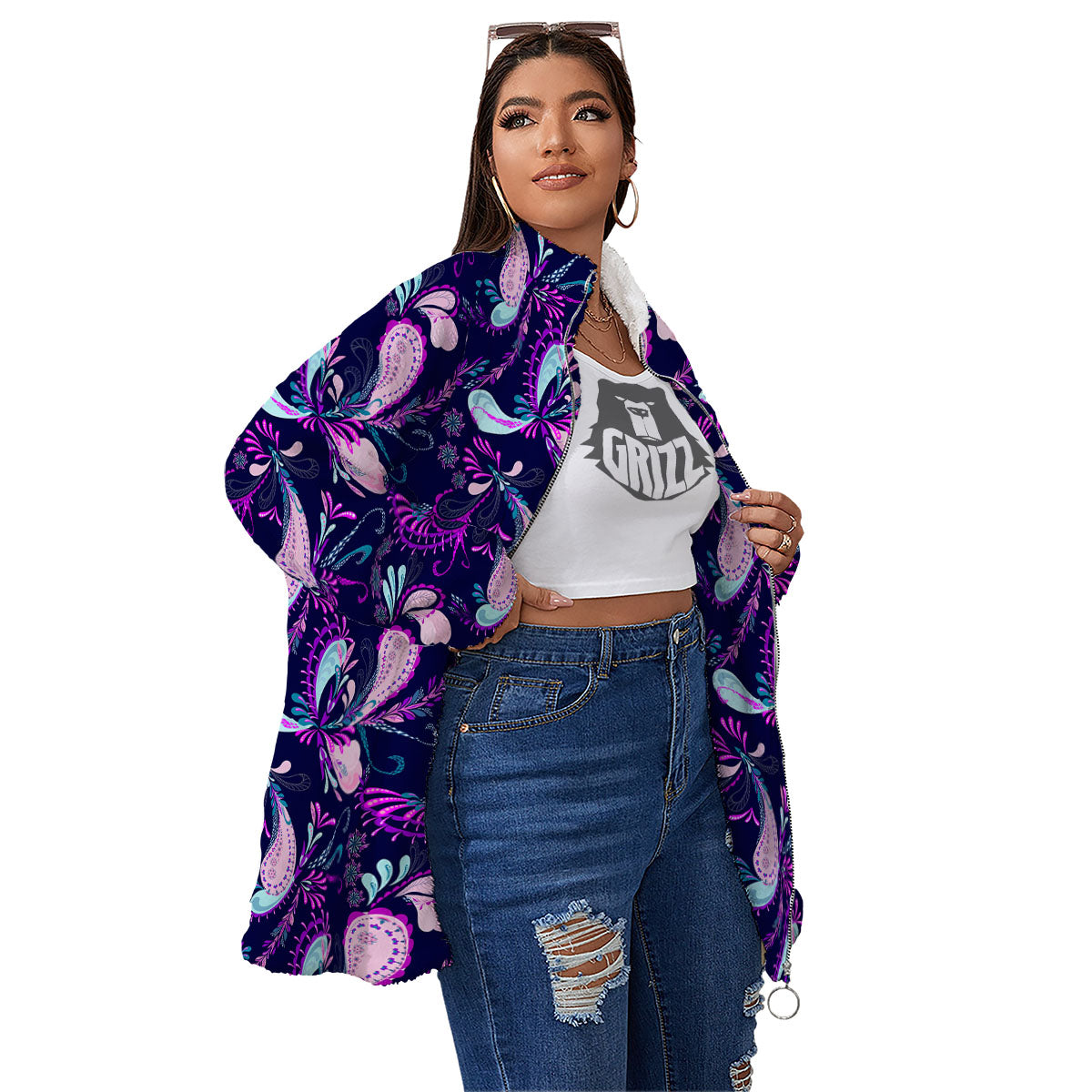 Paisley Pink And Purple Print Pattern Women's Sherpa Jacket-grizzshop