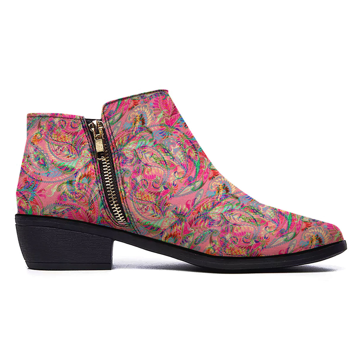 Paisley Pink Print Pattern Ankle Boots-grizzshop