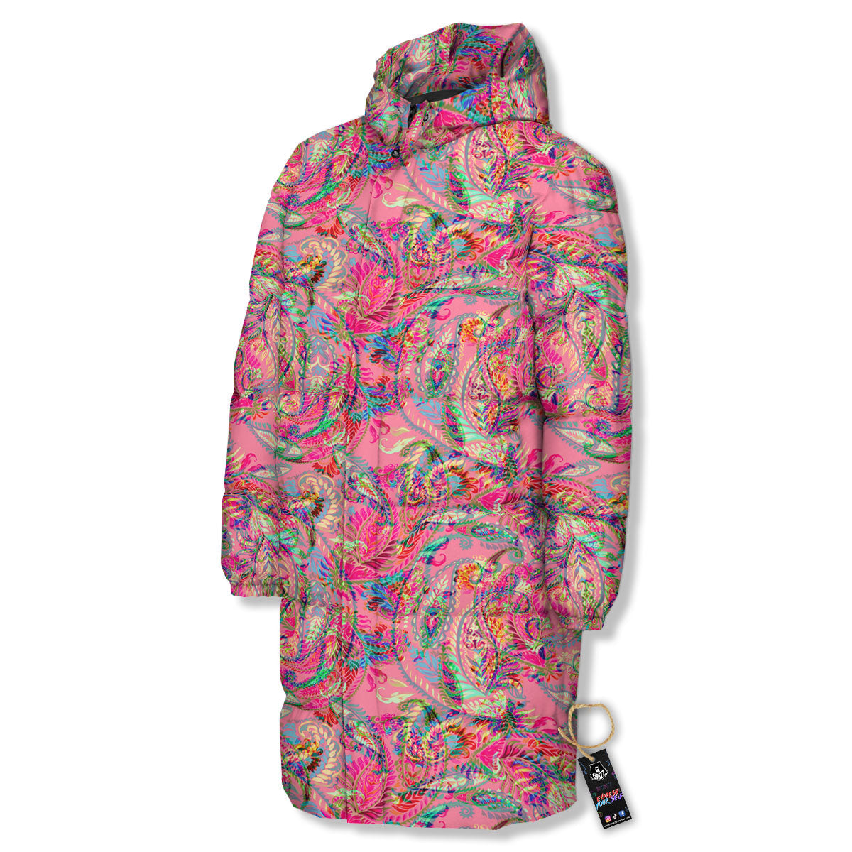 Paisley Pink Print Pattern Long Down Jacket-grizzshop