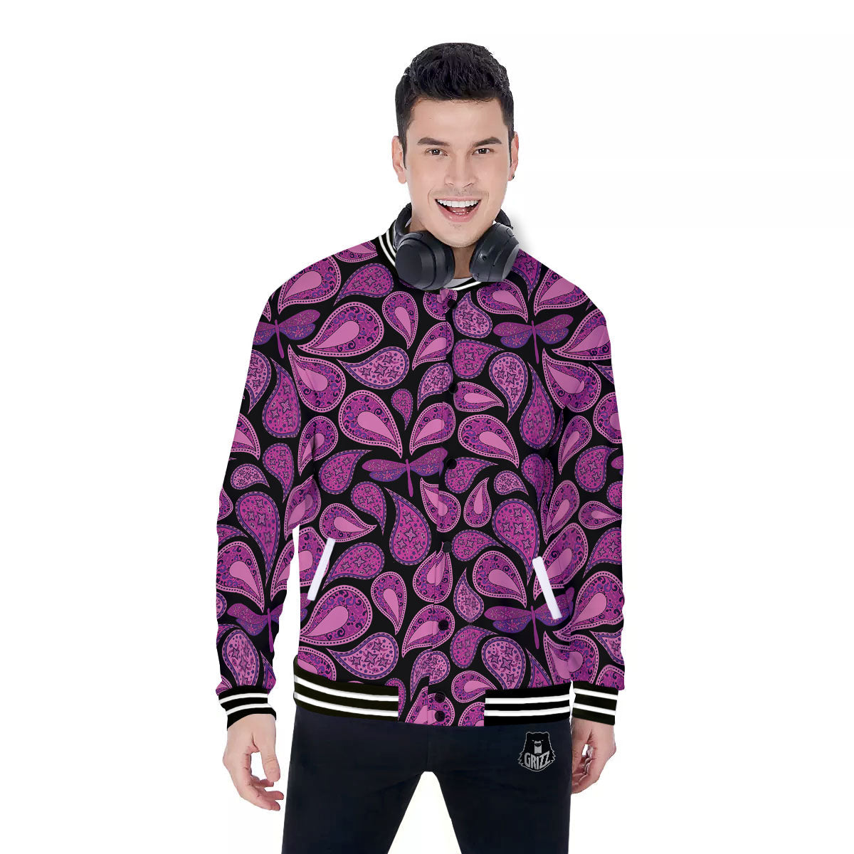 Paisley Purple Print Pattern Baseball Jacket-grizzshop