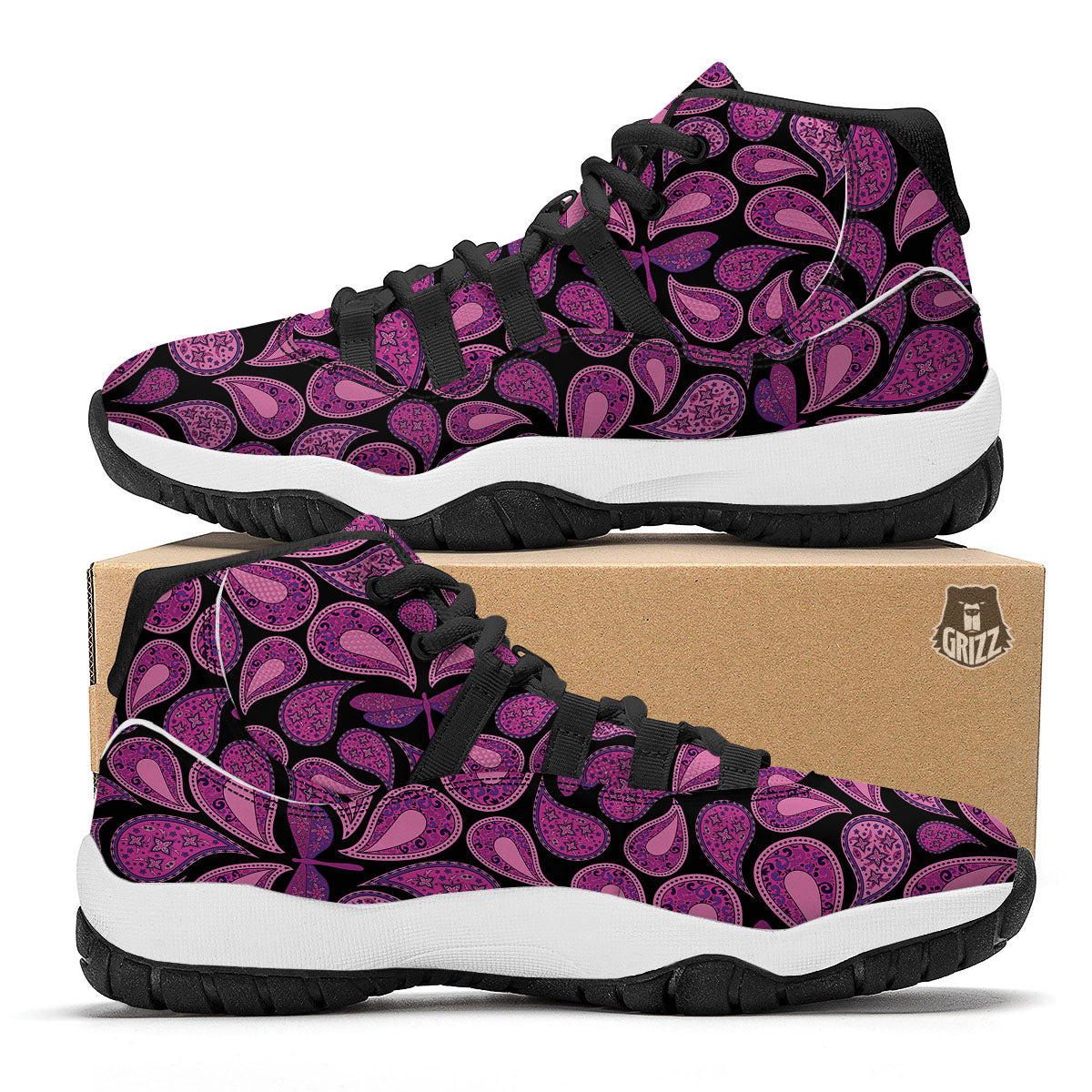 Paisley Purple Print Pattern Black Bball Shoes-grizzshop
