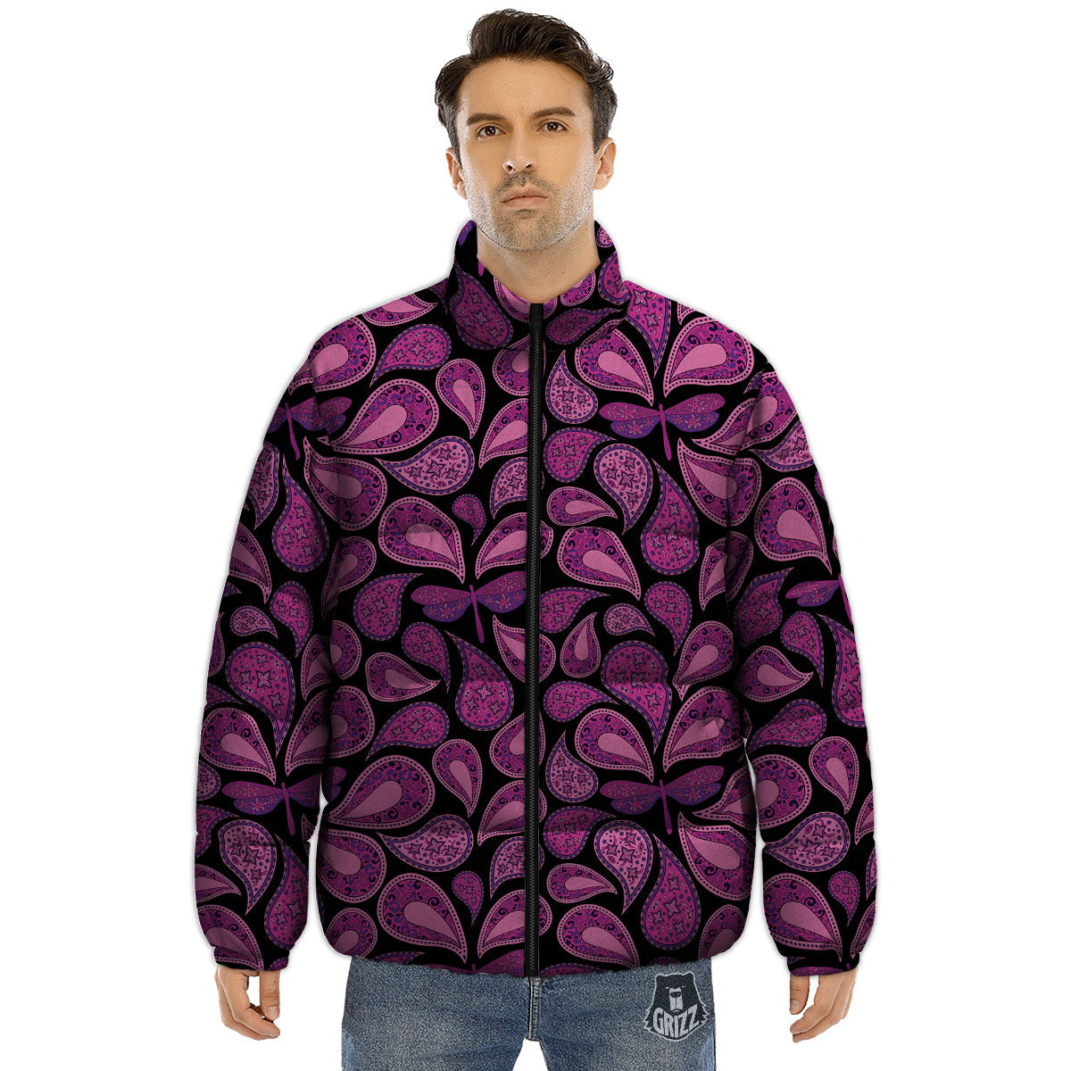 Paisley Purple Print Pattern Puffer Jacket-grizzshop