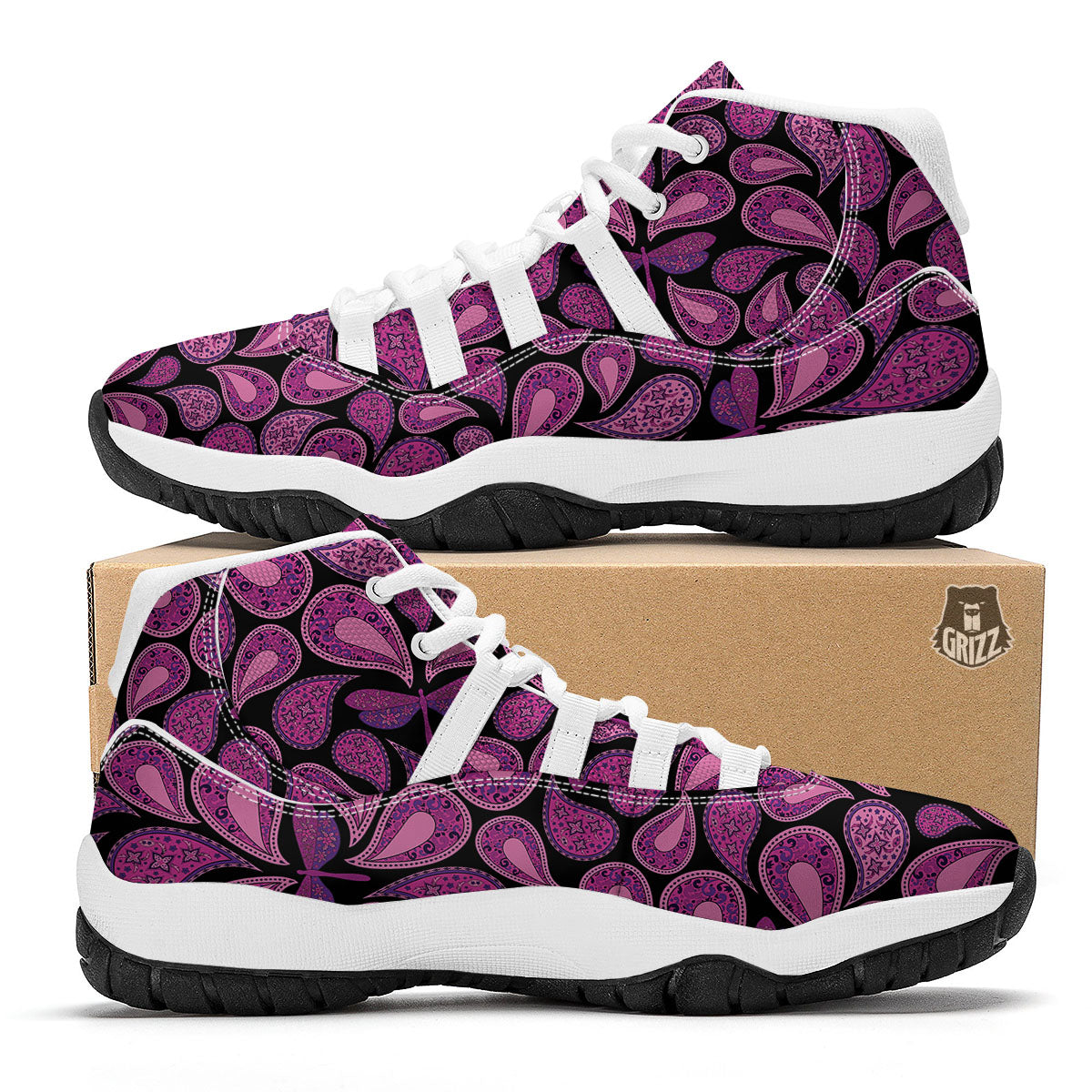 Paisley Purple Print Pattern White Bball Shoes-grizzshop