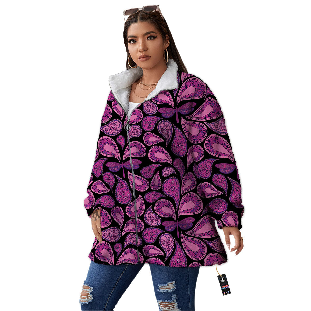 Paisley Purple Print Pattern Women's Sherpa Jacket-grizzshop