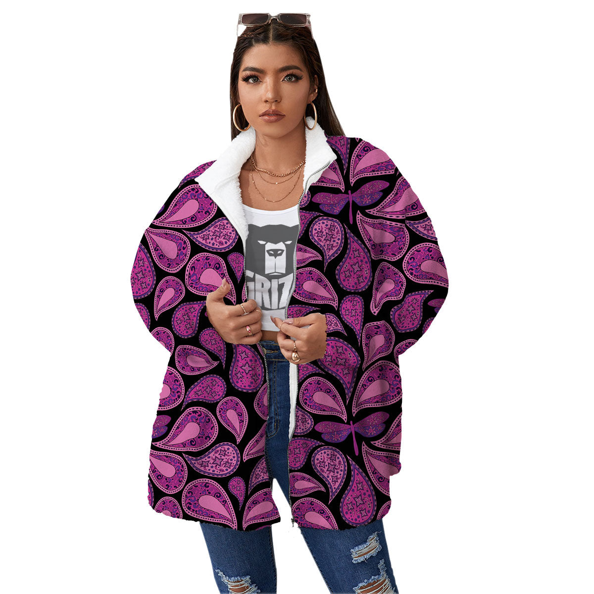 Paisley Purple Print Pattern Women's Sherpa Jacket-grizzshop