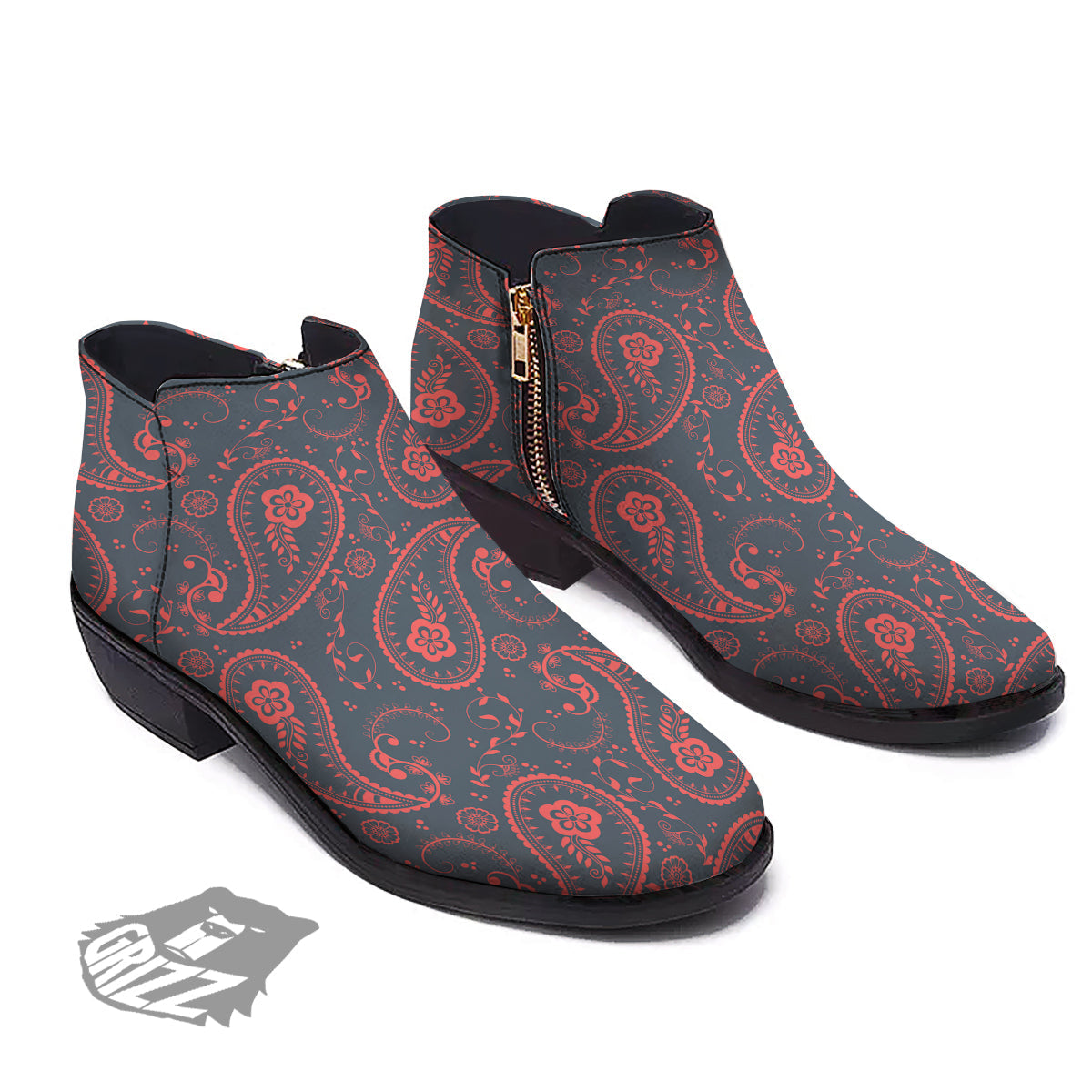 Paisley Red And Grey Print Pattern Ankle Boots-grizzshop