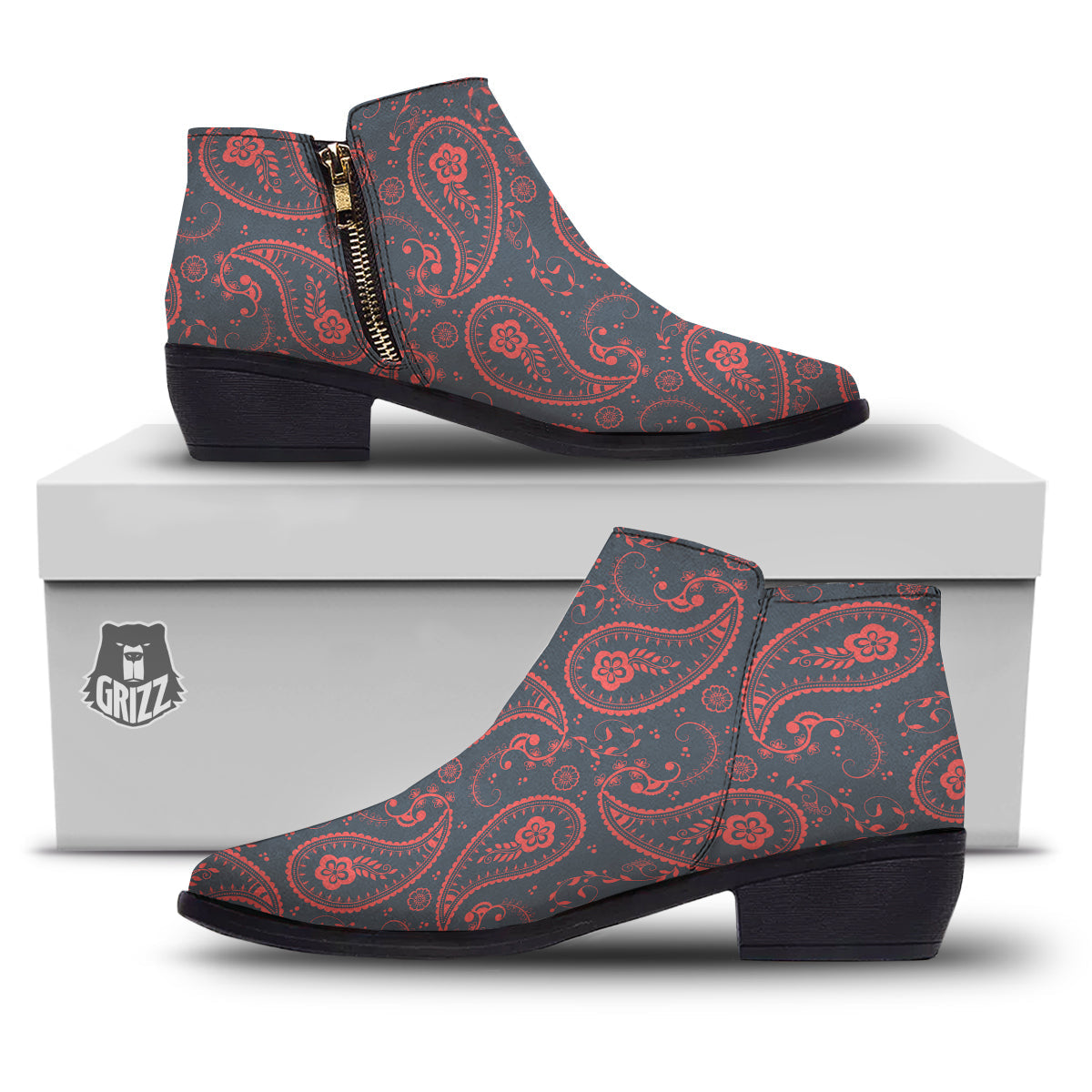 Paisley Red And Grey Print Pattern Ankle Boots-grizzshop