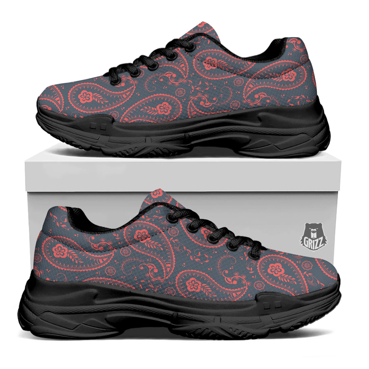 Paisley Red And Grey Print Pattern Black Chunky Shoes-grizzshop