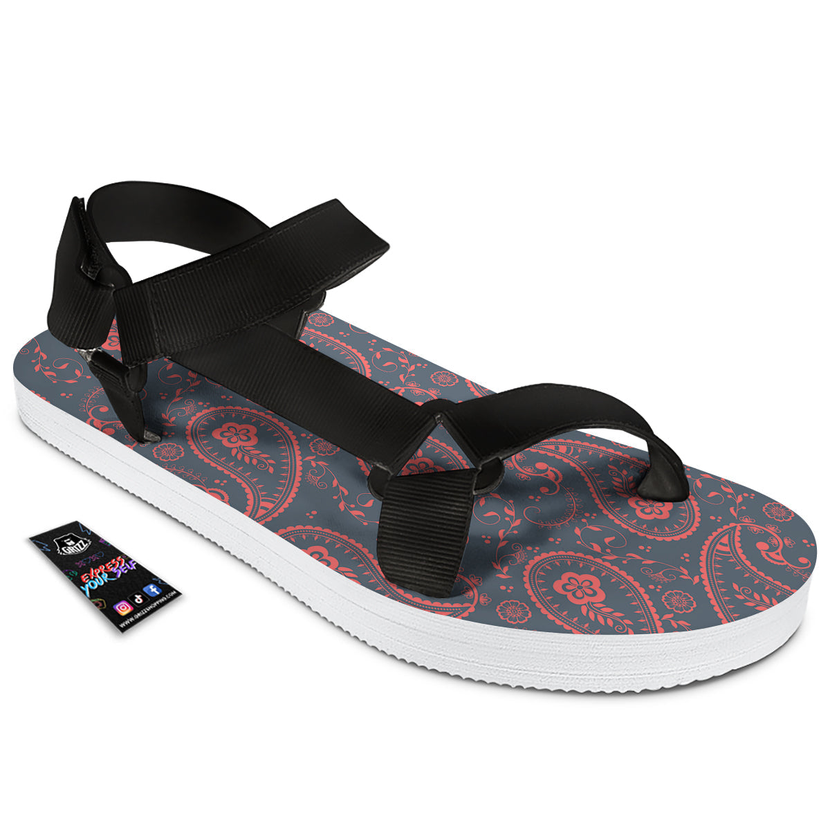Paisley Red And Grey Print Pattern Black Open Toe Sandals-grizzshop