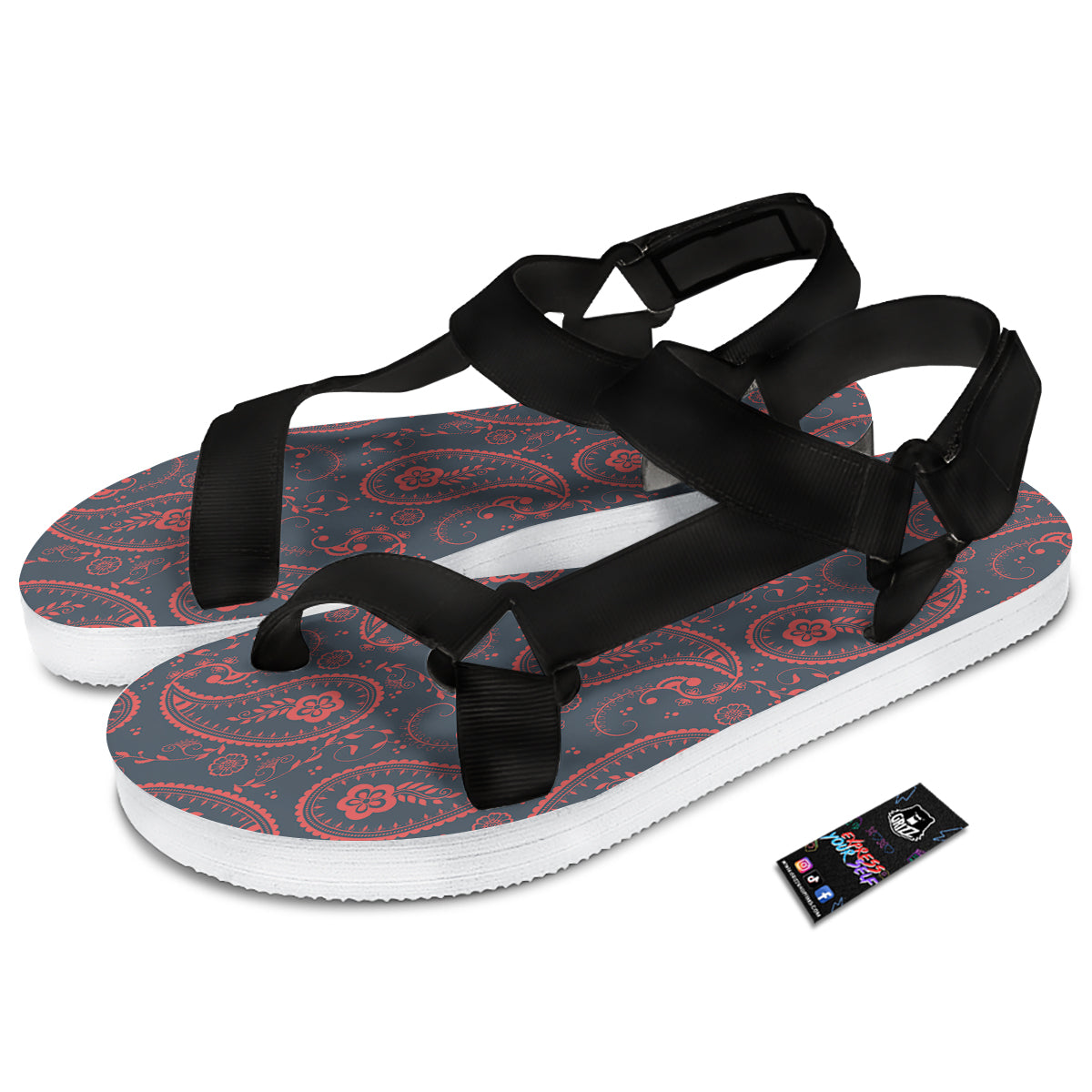 Paisley Red And Grey Print Pattern Black Open Toe Sandals-grizzshop