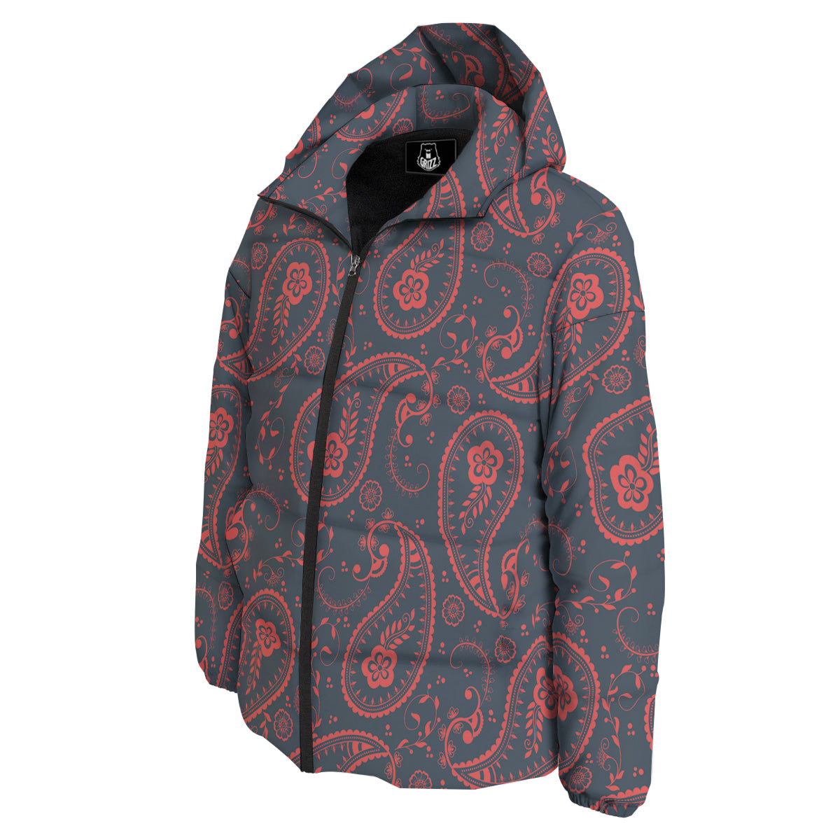 Paisley Red And Grey Print Pattern Down Jacket-grizzshop