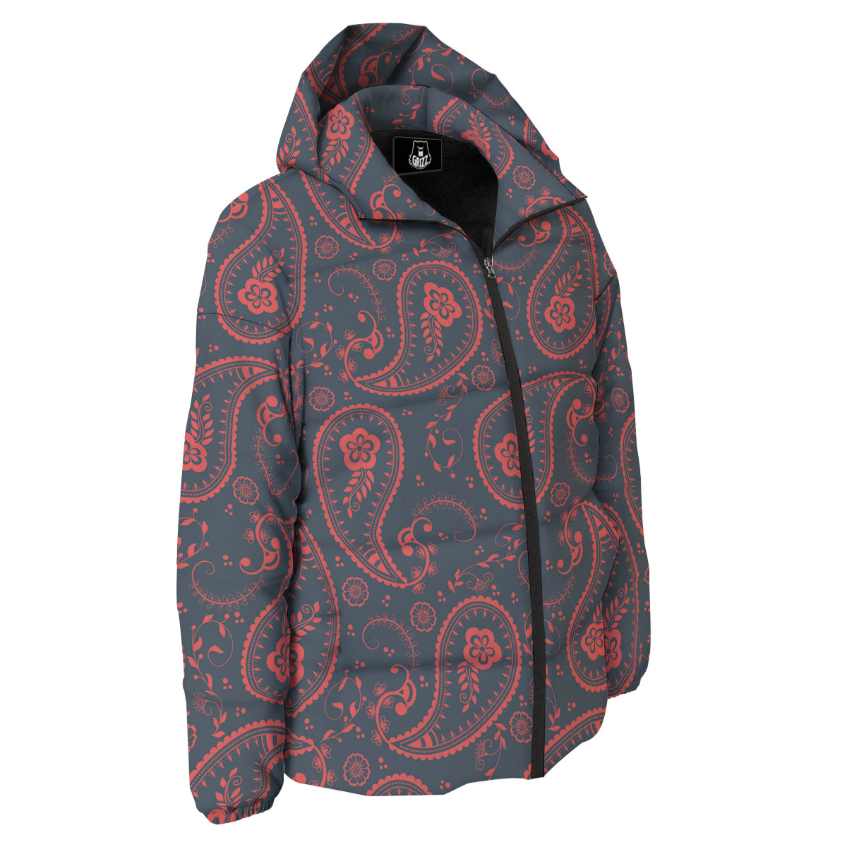 Paisley Red And Grey Print Pattern Down Jacket-grizzshop
