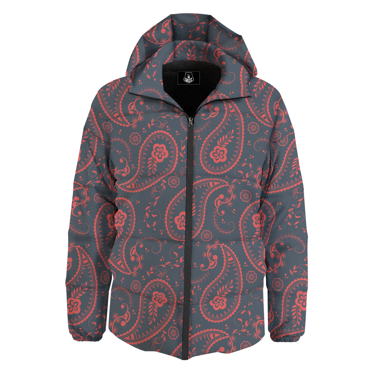 Paisley Red And Grey Print Pattern Down Jacket-grizzshop