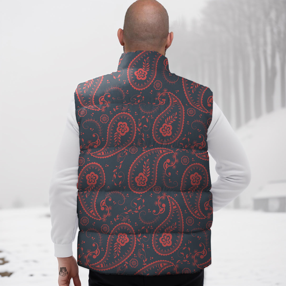 Paisley Red And Grey Print Pattern Down Vest