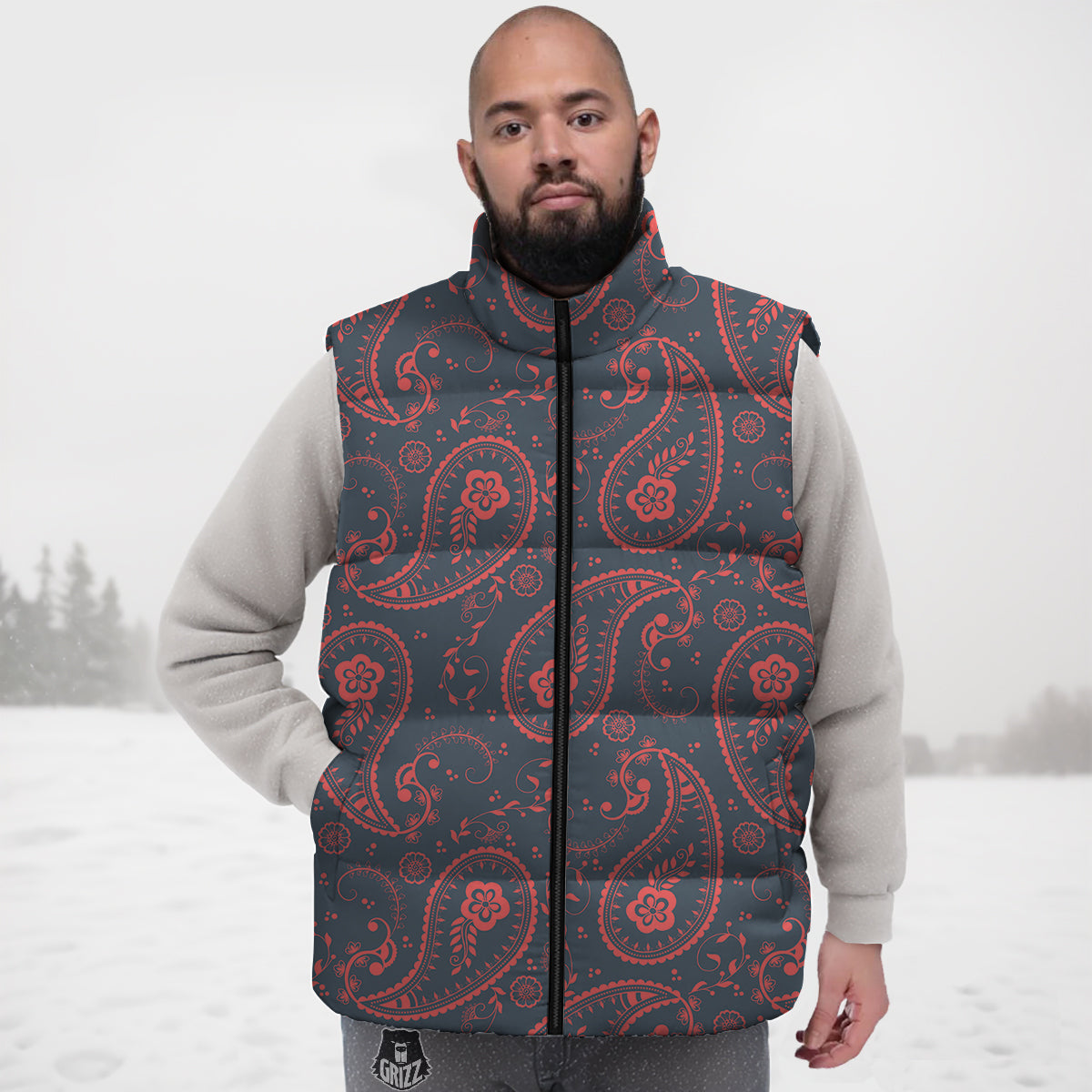 Paisley Red And Grey Print Pattern Down Vest