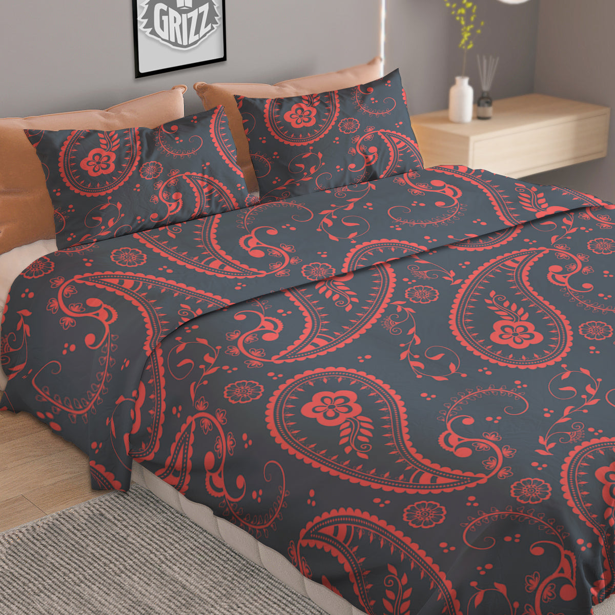 Paisley Red And Grey Print Pattern Duvet Cover Bedding Set