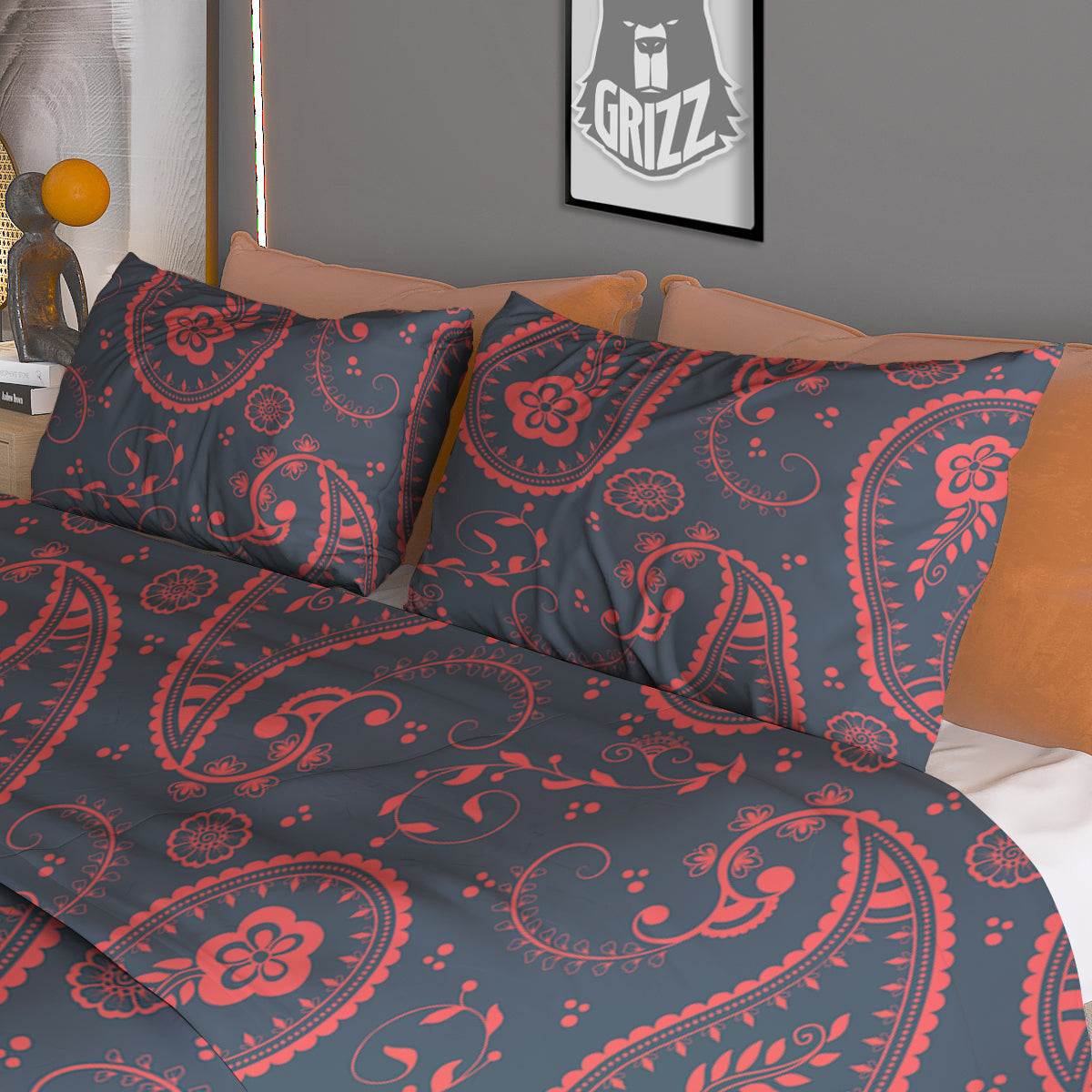 Paisley Red And Grey Print Pattern Duvet Cover Bedding Set