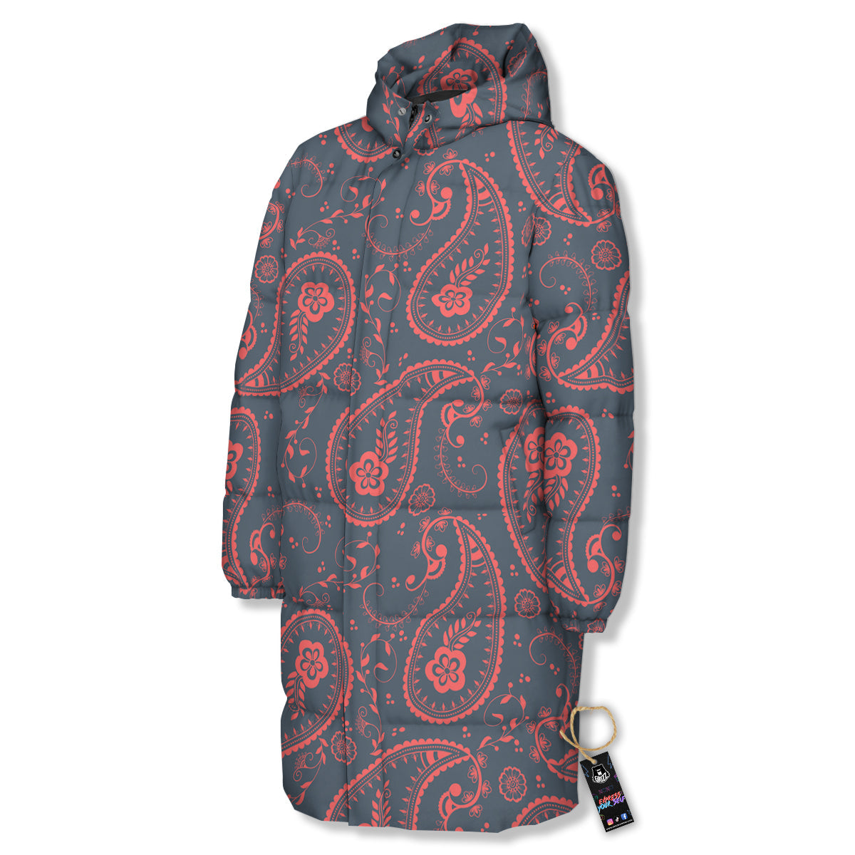 Paisley Red And Grey Print Pattern Long Down Jacket-grizzshop
