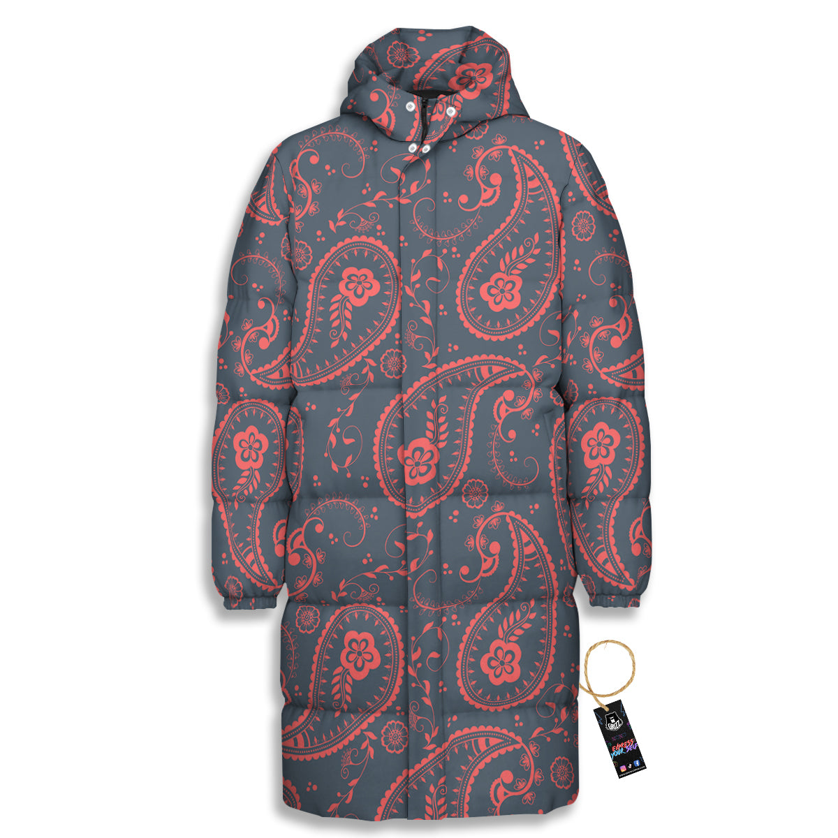 Paisley Red And Grey Print Pattern Long Down Jacket-grizzshop