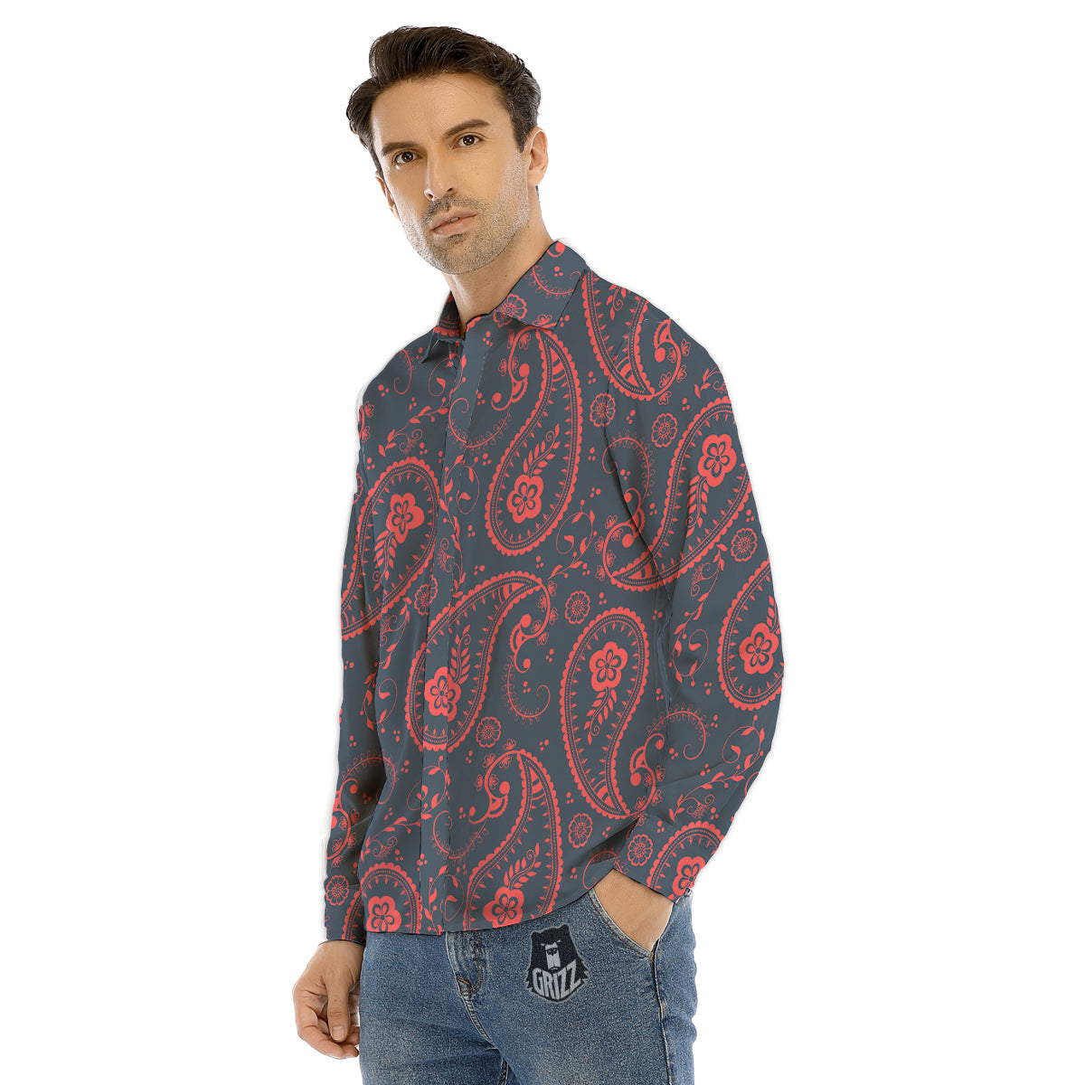 Paisley Red And Grey Print Pattern Men's Dress Shirts-grizzshop