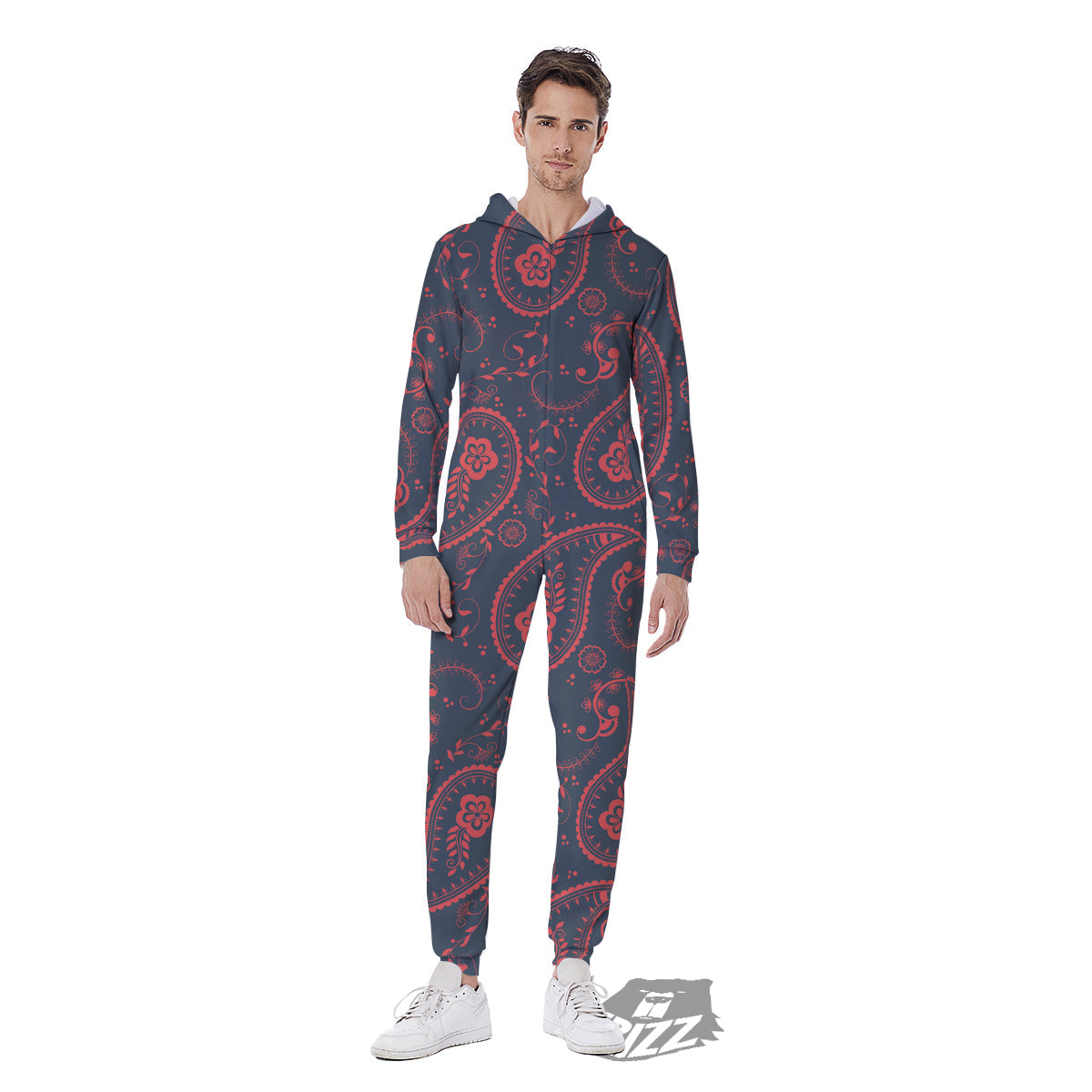 Paisley Red And Grey Print Pattern Men's Jumpsuit-grizzshop