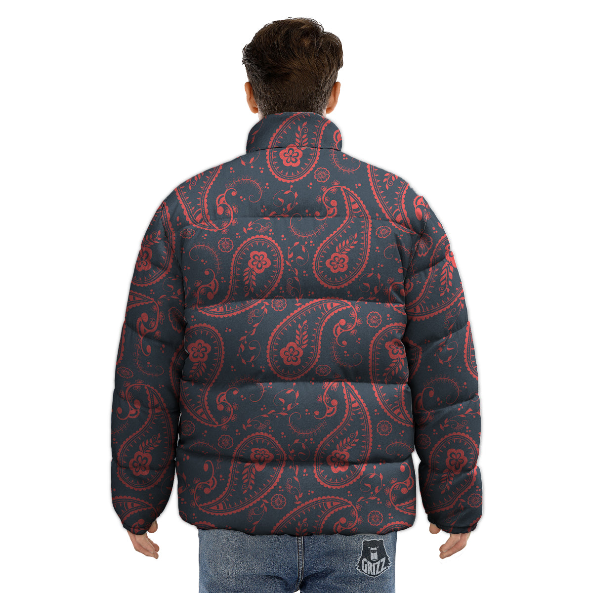 Paisley Red And Grey Print Pattern Puffer Jacket-grizzshop