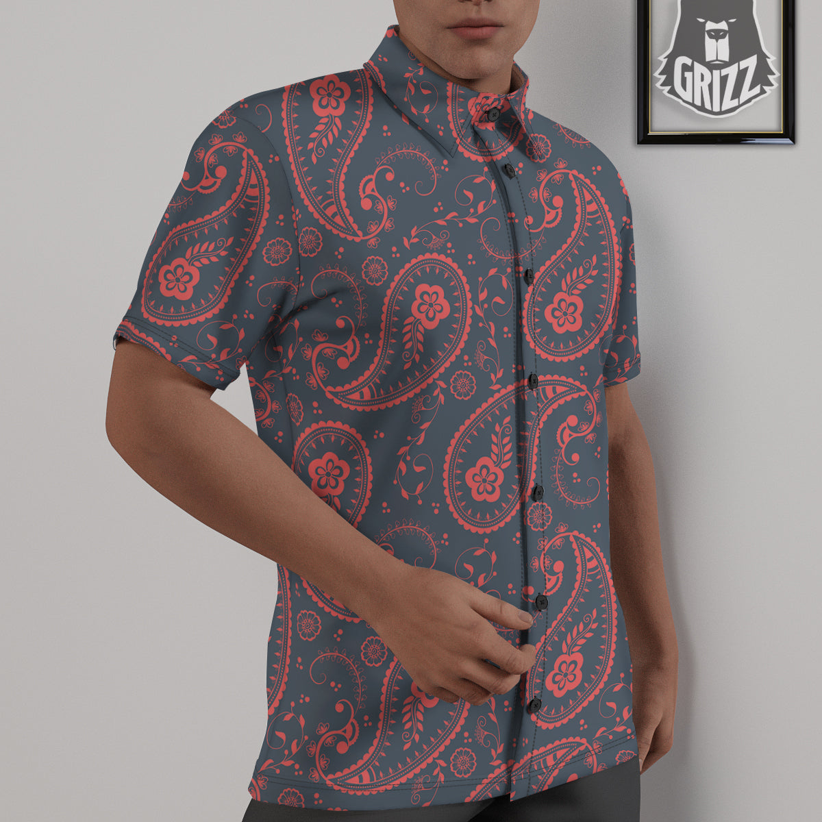 Paisley Red And Grey Print Pattern Untucked Shirts-grizzshop