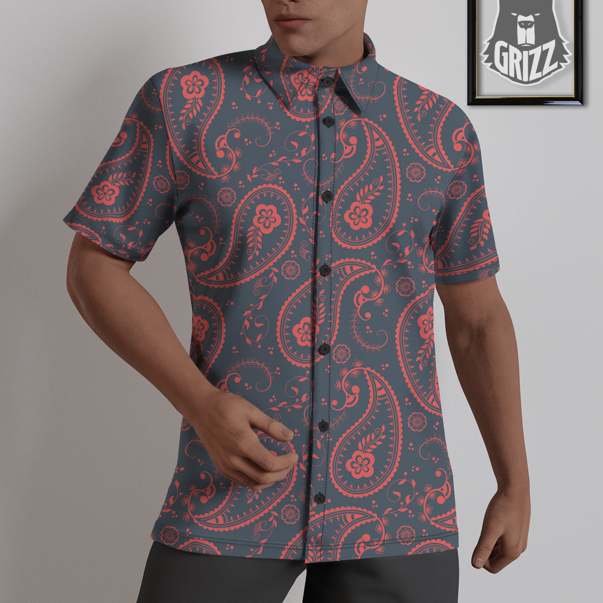 Paisley Red And Grey Print Pattern Untucked Shirts-grizzshop
