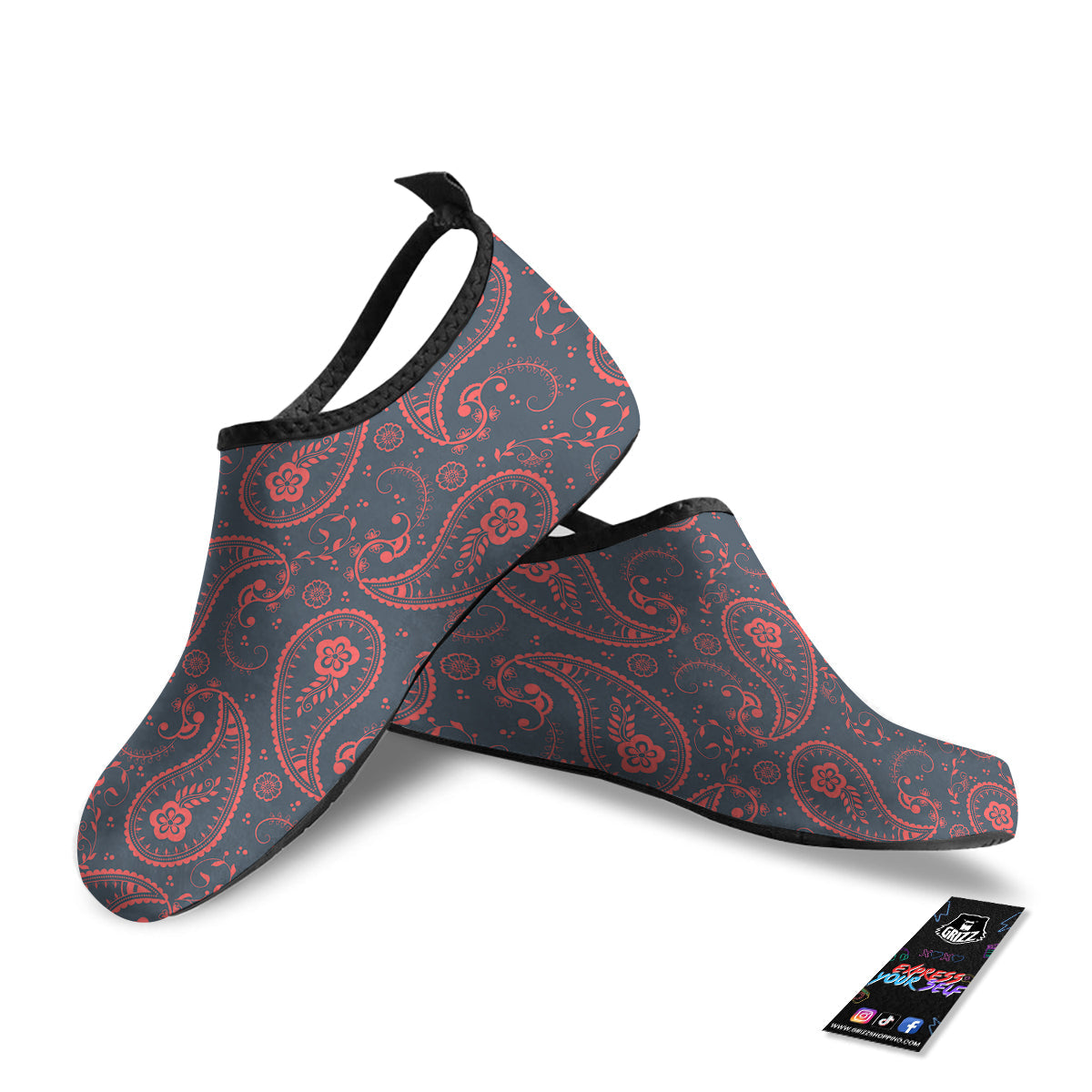 Paisley Red And Grey Print Pattern Water Shoes-grizzshop
