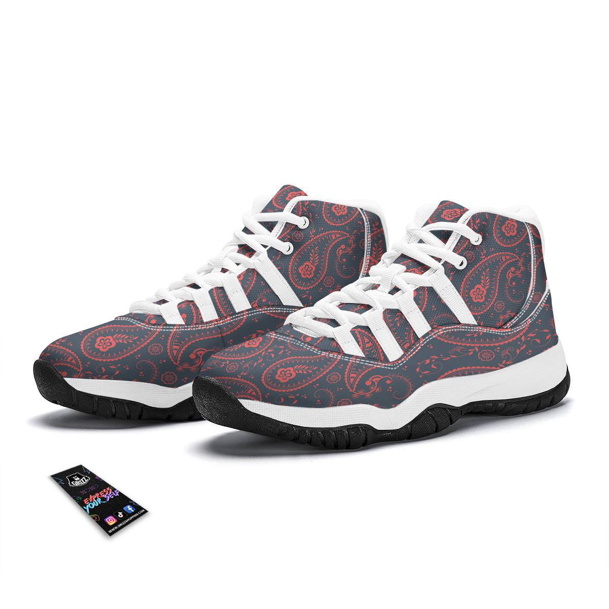 Paisley Red And Grey Print Pattern White Bball Shoes-grizzshop
