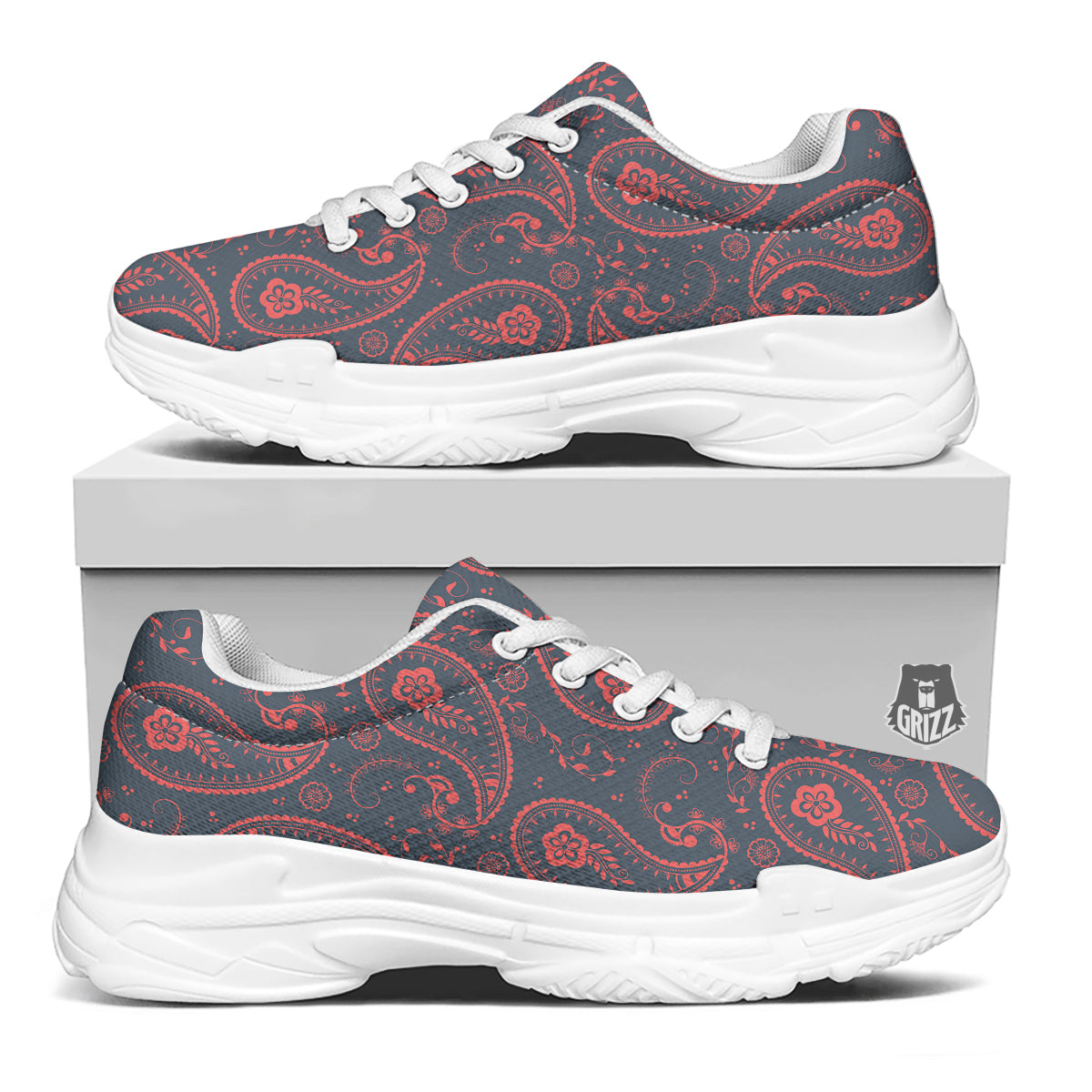 Paisley Red And Grey Print Pattern White Chunky Shoes-grizzshop