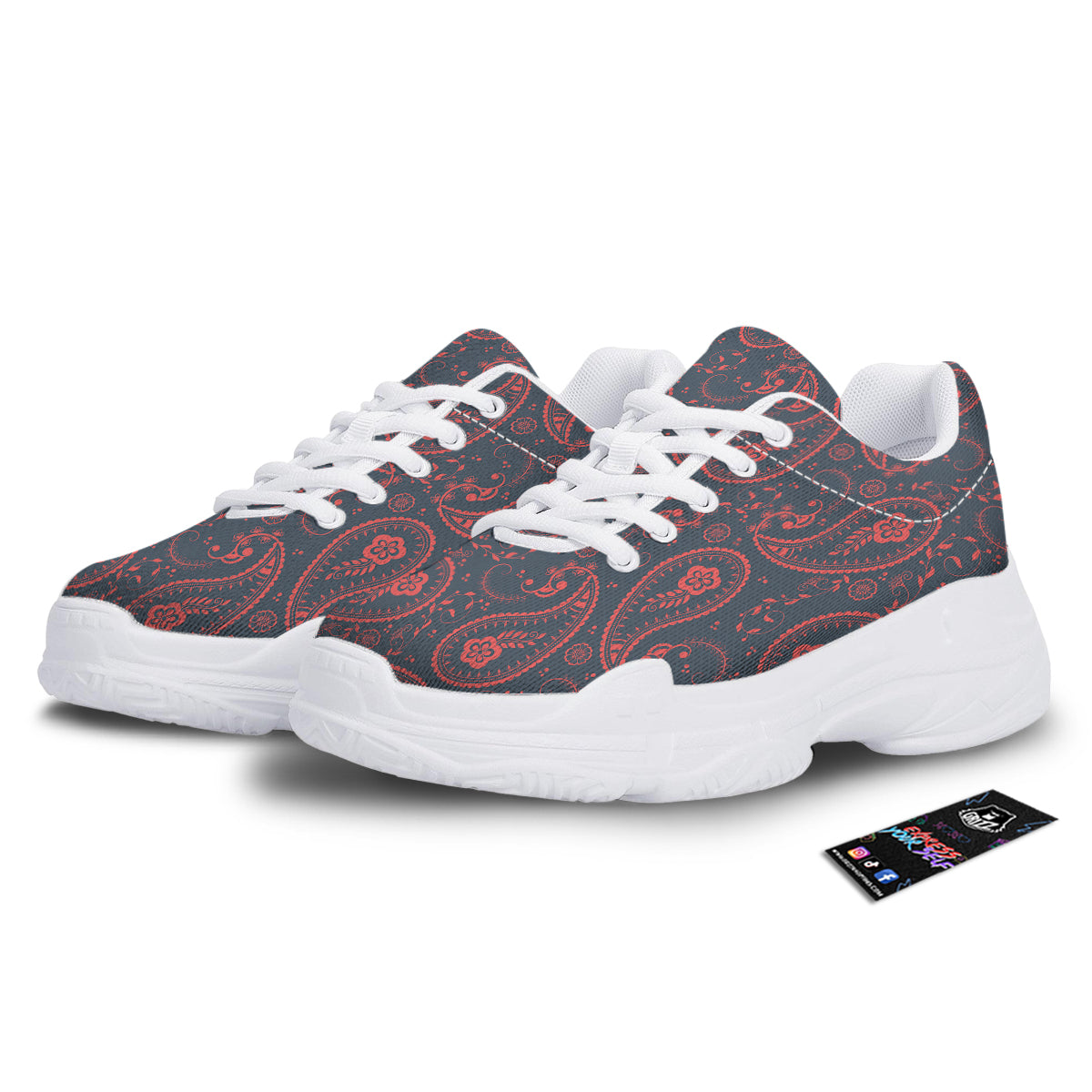 Paisley Red And Grey Print Pattern White Chunky Shoes-grizzshop