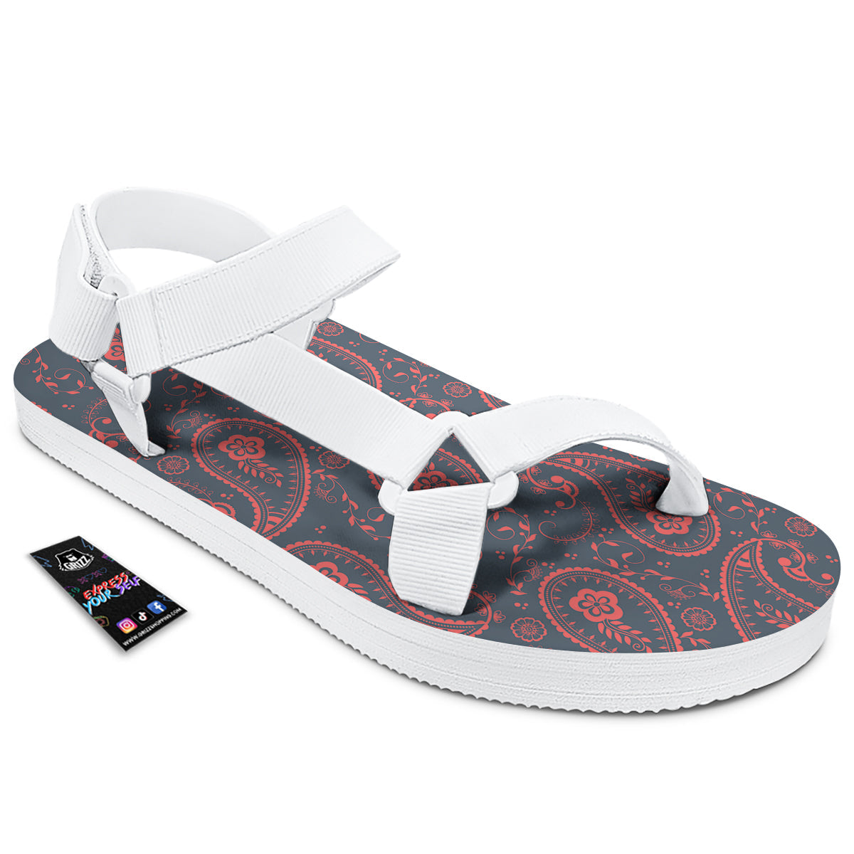 Paisley Red And Grey Print Pattern White Open Toe Sandals-grizzshop