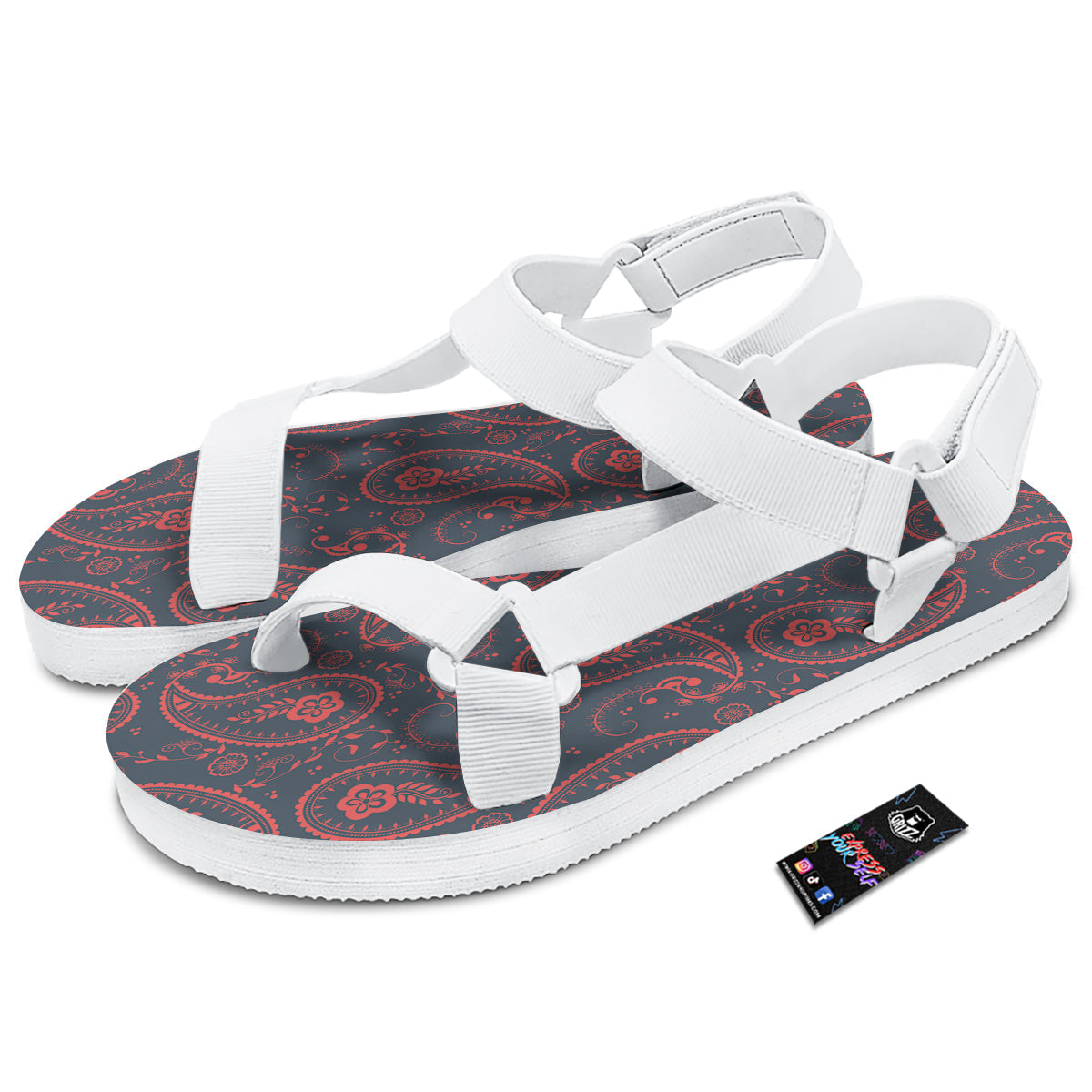 Paisley Red And Grey Print Pattern White Open Toe Sandals-grizzshop