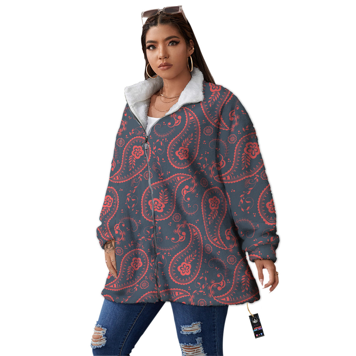 Paisley Red And Grey Print Pattern Women's Sherpa Jacket-grizzshop