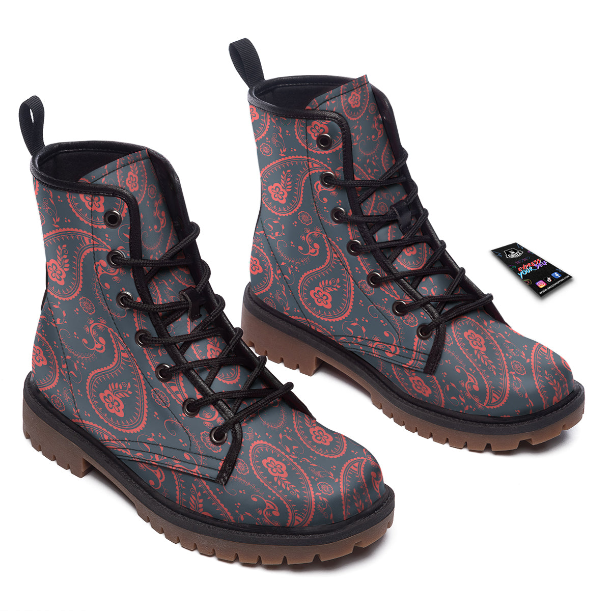 Paisley Red And Grey Print Pattern Work Boots-grizzshop