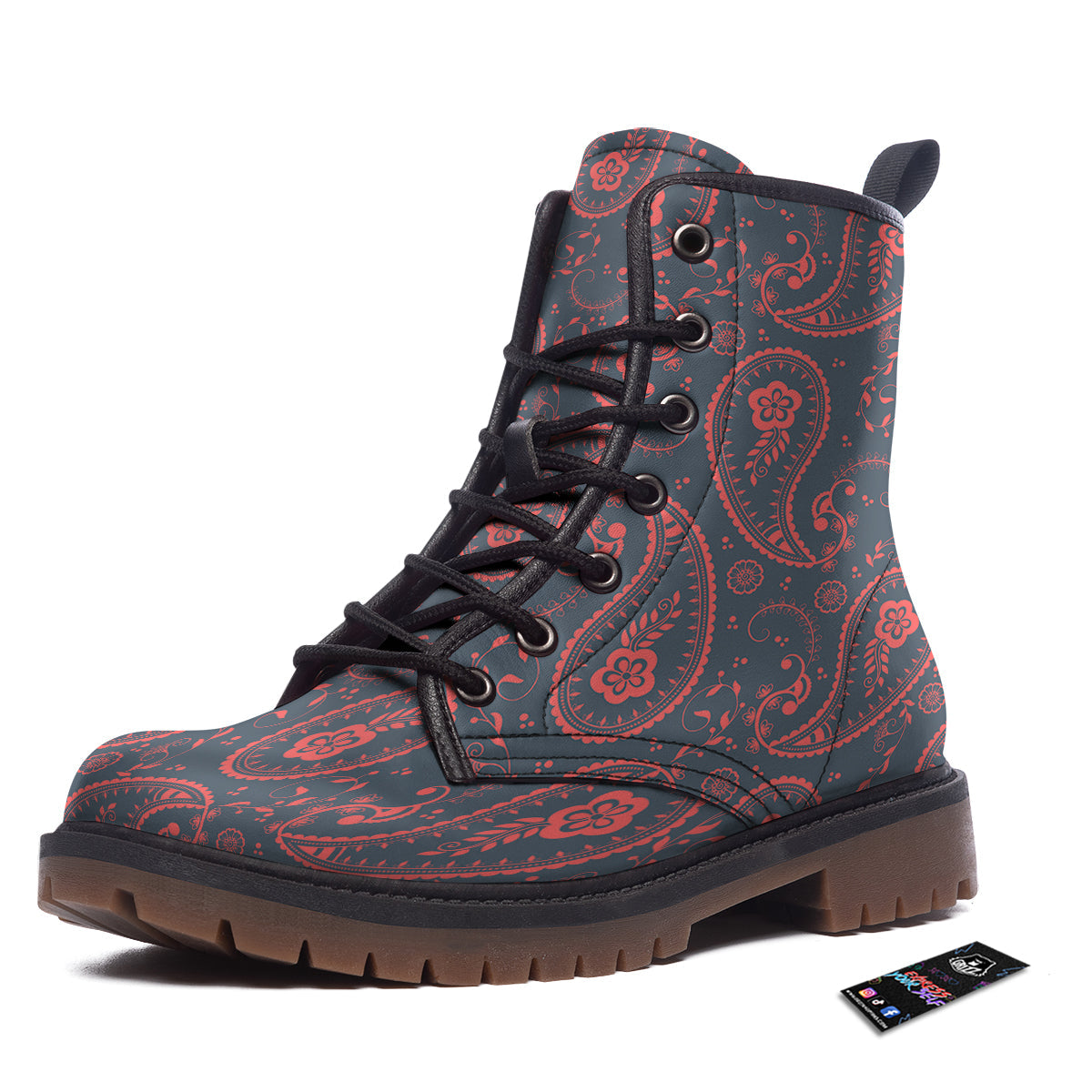 Paisley Red And Grey Print Pattern Work Boots-grizzshop