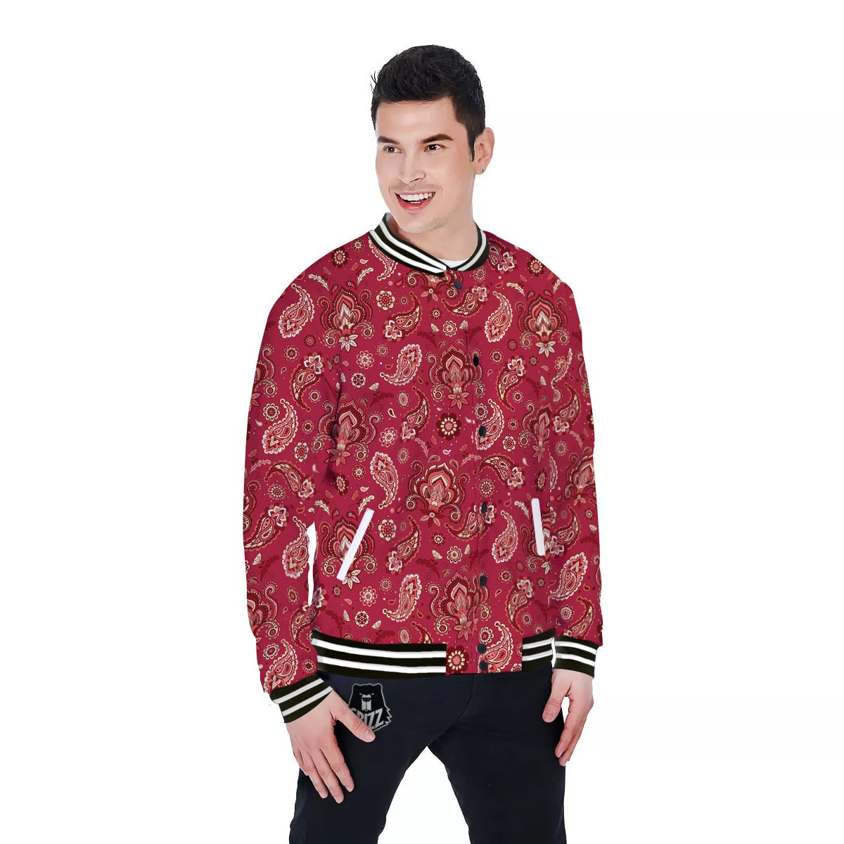 Paisley Red Print Pattern Baseball Jacket-grizzshop
